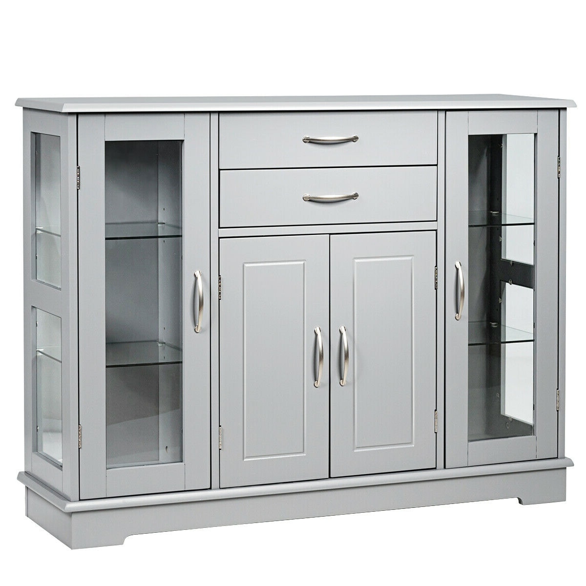 Slickblue D-CO-RG66306WH Modern White/Gray Density Board Storage Cabinet with Tempered Glass Shelves for Kitchen or Dining Room