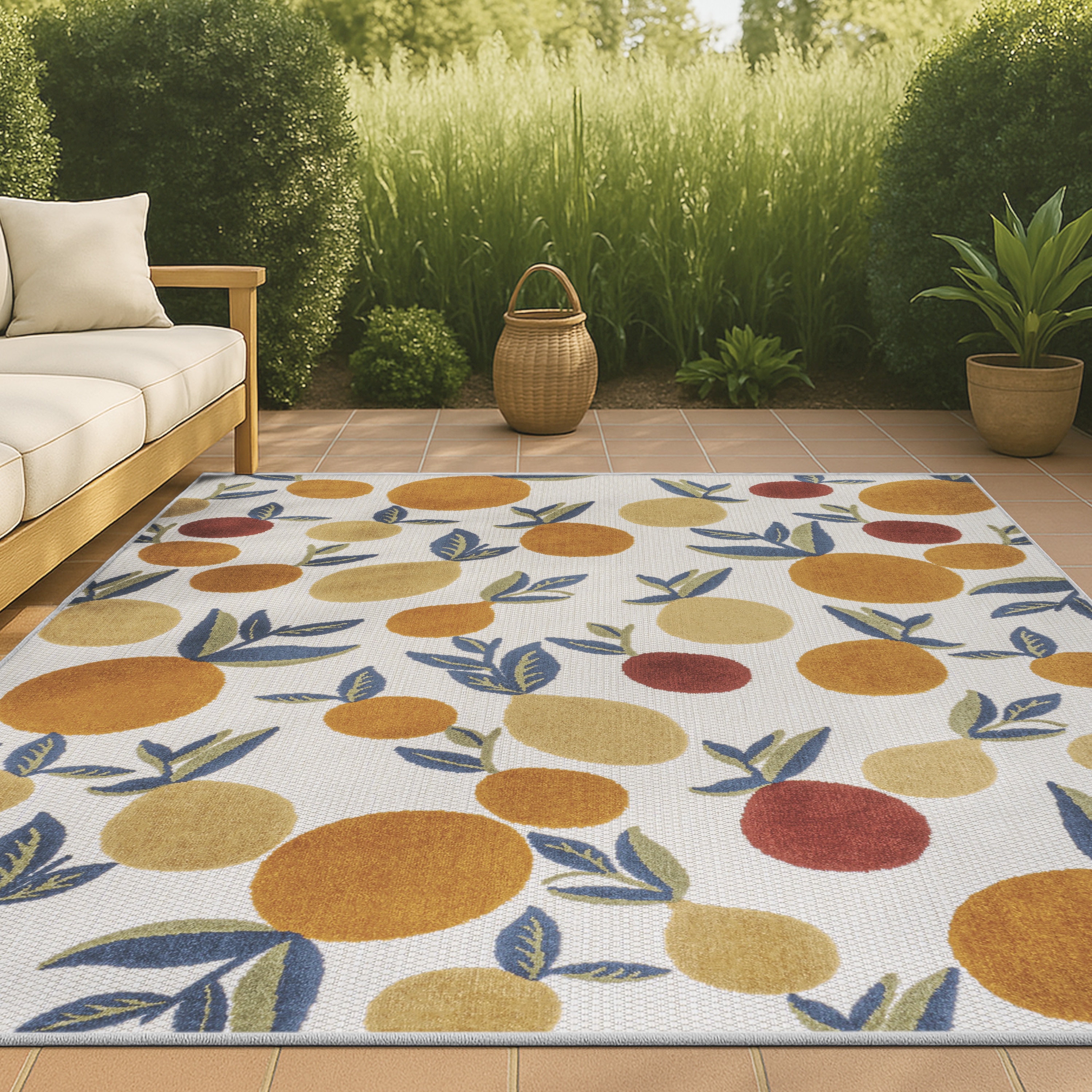 JONATHAN  Y AMC118A-3 Amalfi Coast Limone Bold Lemon High-Low 3 x 5 (ft) Loomed Polypropylene Orange/Beige/Cream Rectangular Indoor/Outdoor Floral/Botanical Tropical Area rug