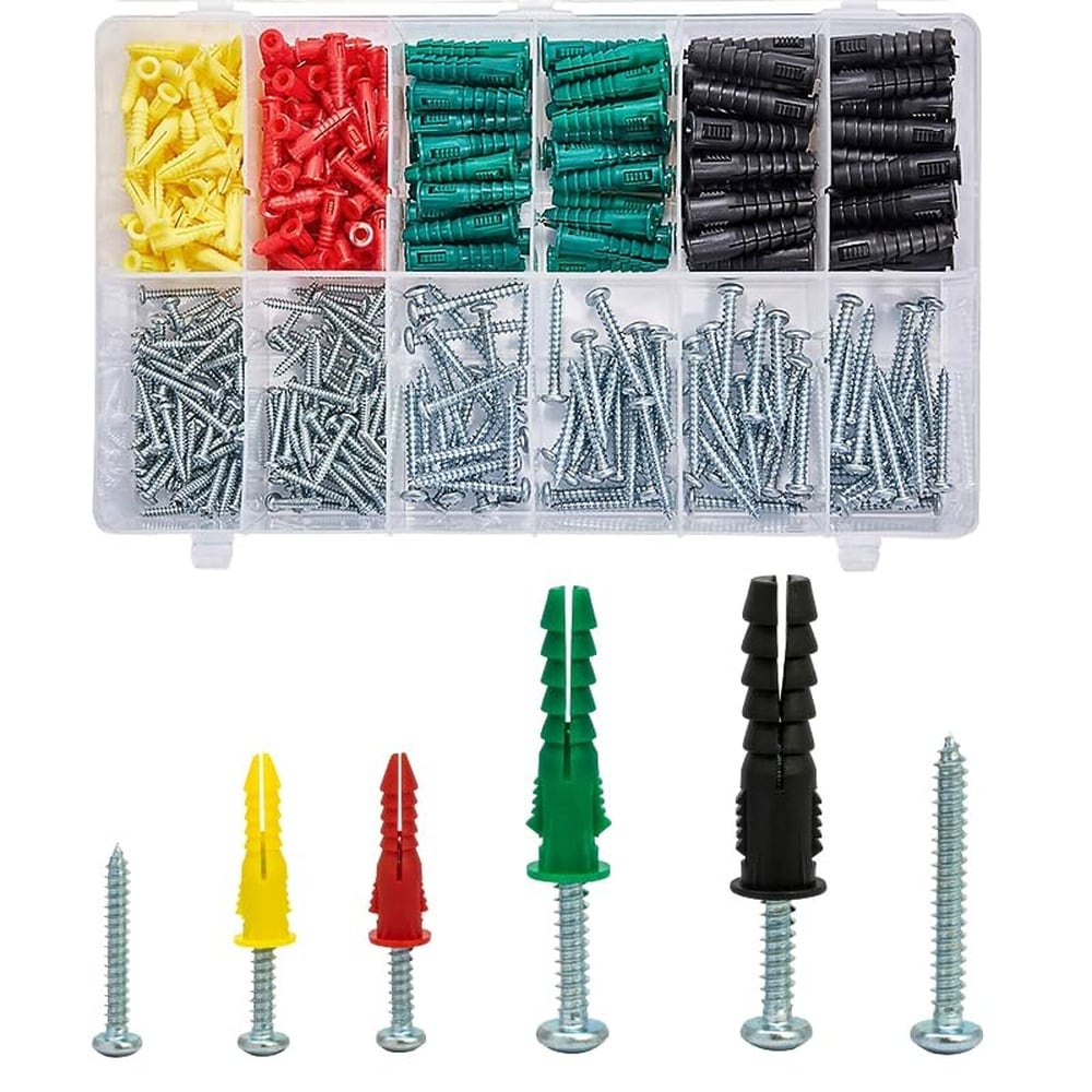 DYRCJ  Plastic Drywall Anchors and Screws Kit Ribbed Anchors Assortment with Multiple Sizes for Secure Wall Fastening 400 Pieces