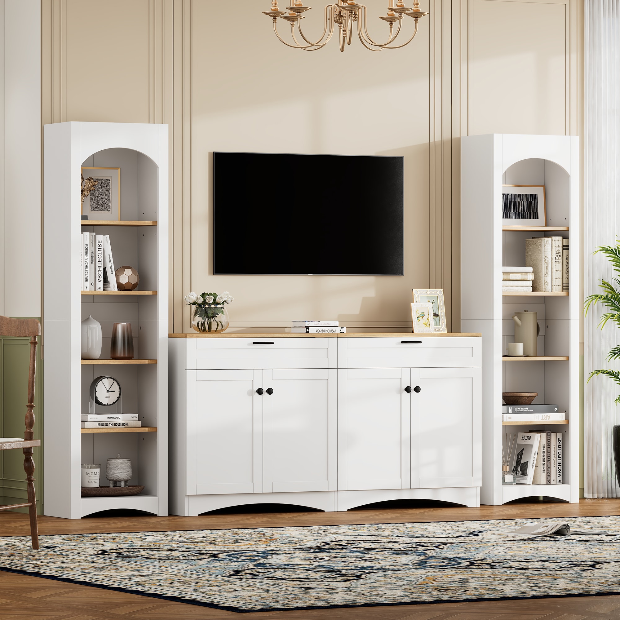ModernLuxe N721S000045K 3Piece Farmhouse Entertainment Center with Storage Cabinet for TVs Up to 70inch MidCentury TV Stand with Bookshelf Rustic Versatile Sideboard with Adjustable Shelves for Living Room White