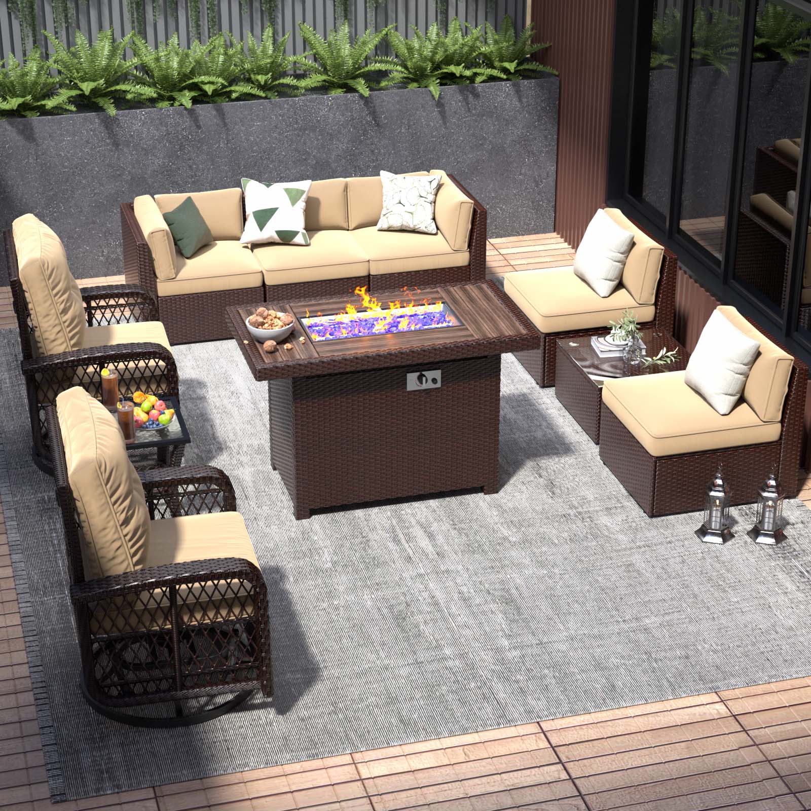 Bapipro BP3910G04 10 -Piece Rattan Patio Sofa Conversation Set with Beige Cushions