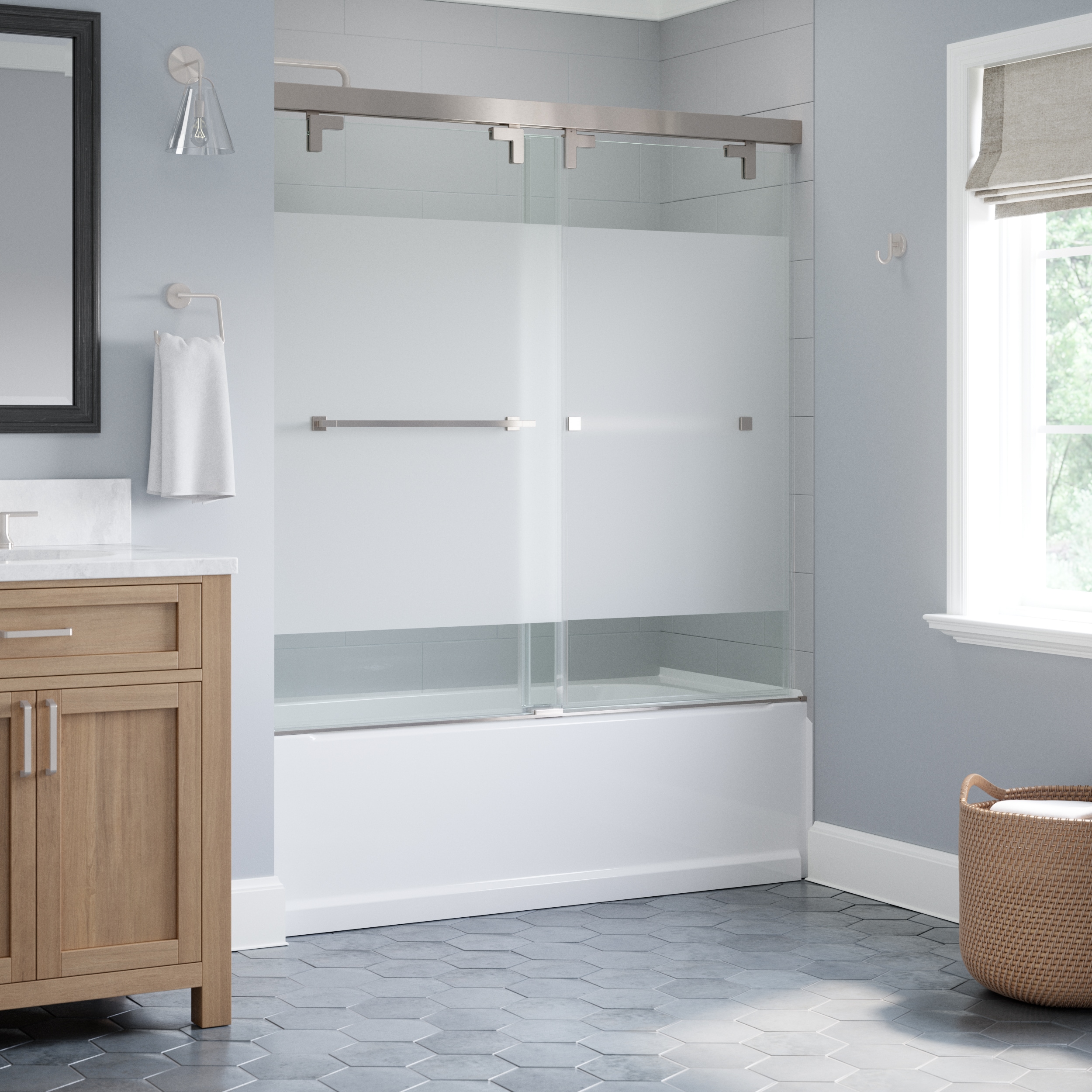 Delta SD7909812 Kesara Brushed Nickel 42-1/4-in W x 60.7481-in H Frameless Sliding Soft Close Shower Door 5/16-in Thick Frosted Glass