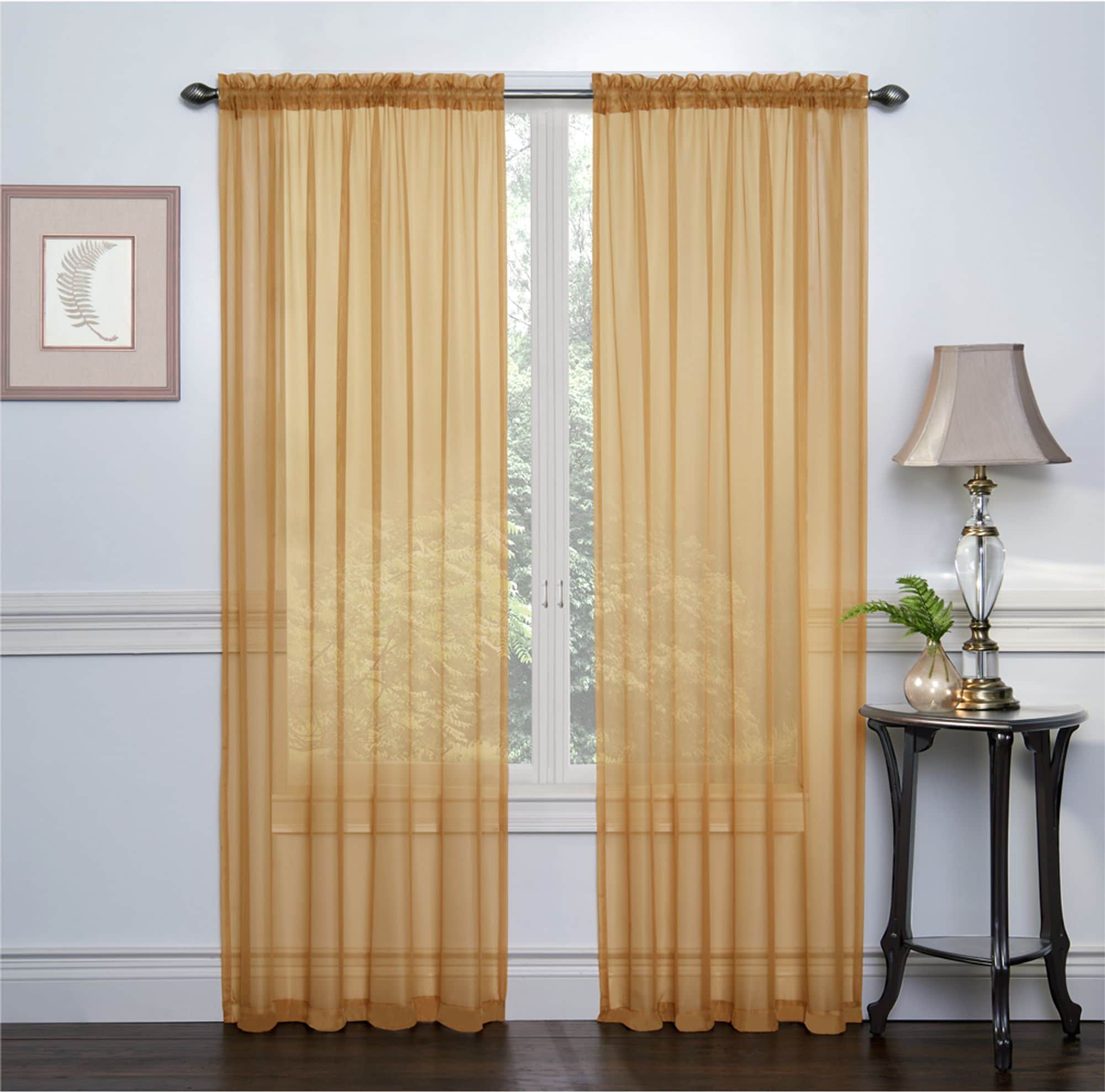 KATE AURORA - 2 Piece Basic Sheer Voile Rod Pocket Window Curtains Gold 84 in Long