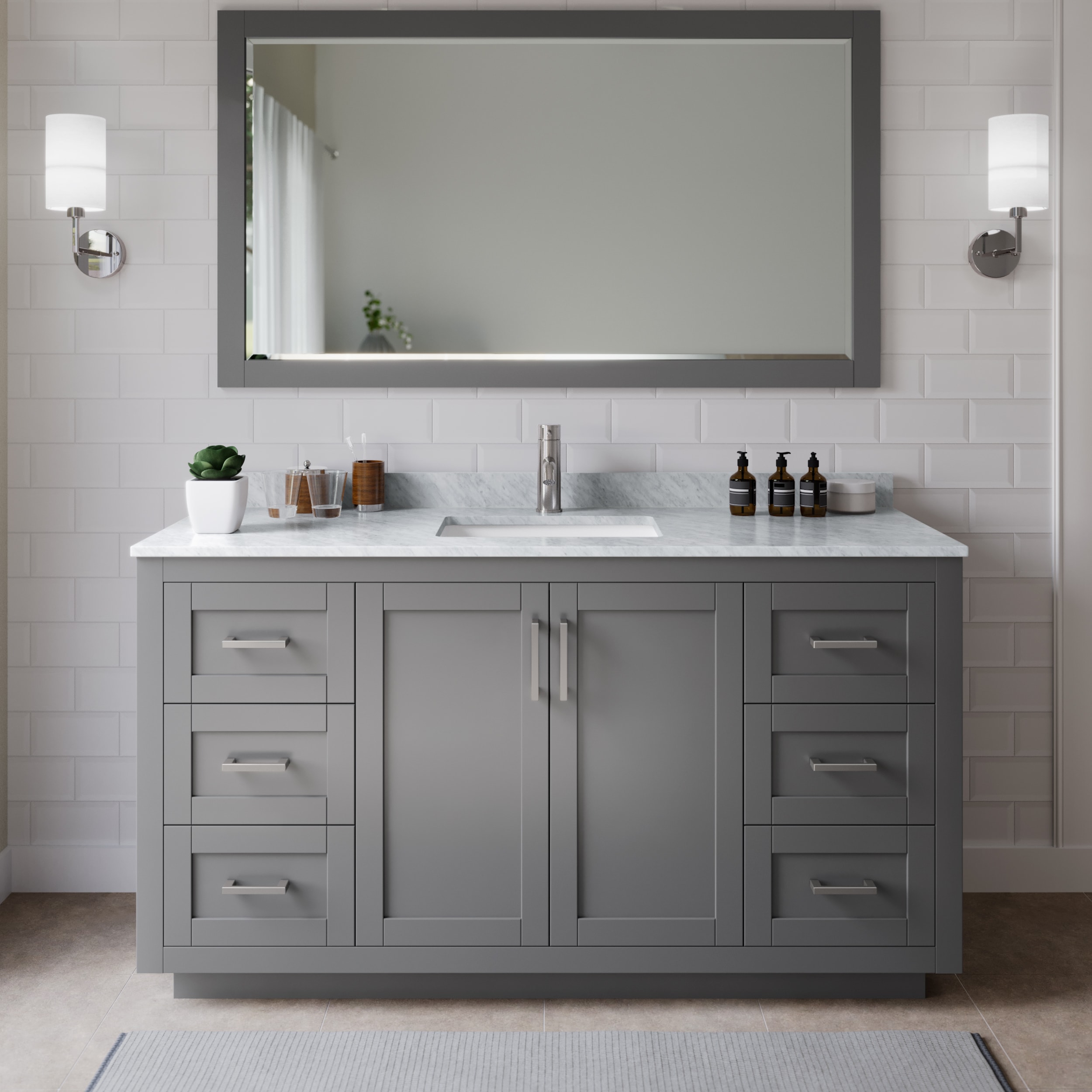Wyndham Collection WCF292966SKGCMUNSM58 Miranda 66-in Dark Gray with Brushed Nickel Trim Undermount Single sink Bathroom Vanity with White Carrara Marble Marble Top (Mirror Included)