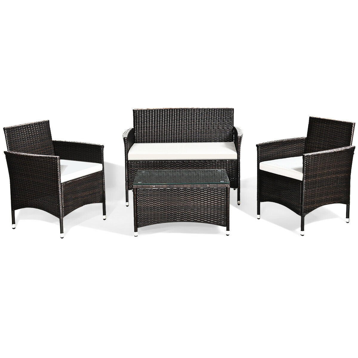 Slickblue - 4-Piece Wicker 1 Loveseat 2 Single Sofa Patio Conversation Set with White Cushions an...