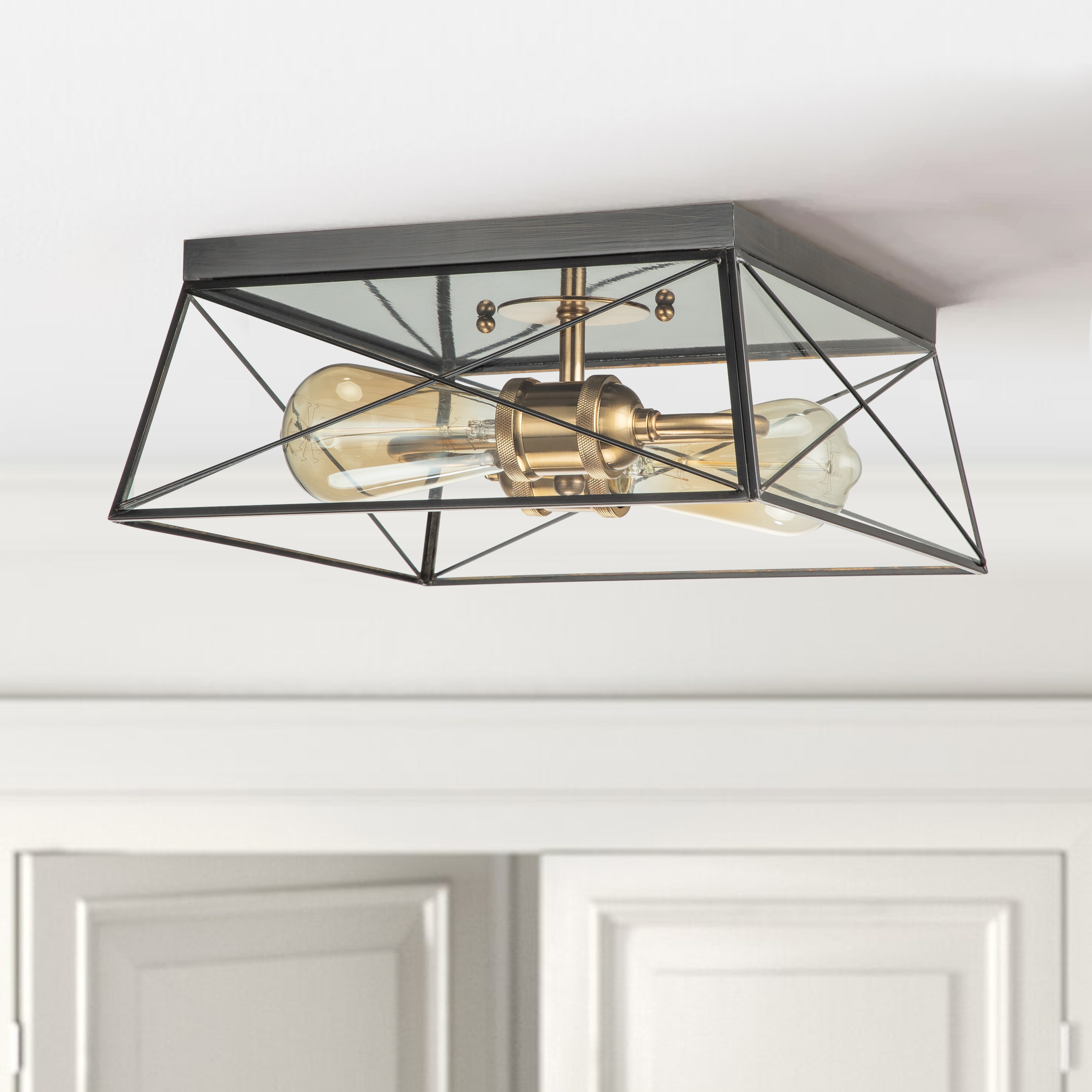 Modern Barn-Style Dark Bronze and Brass 11.75" Flush Mount with Clear Glass