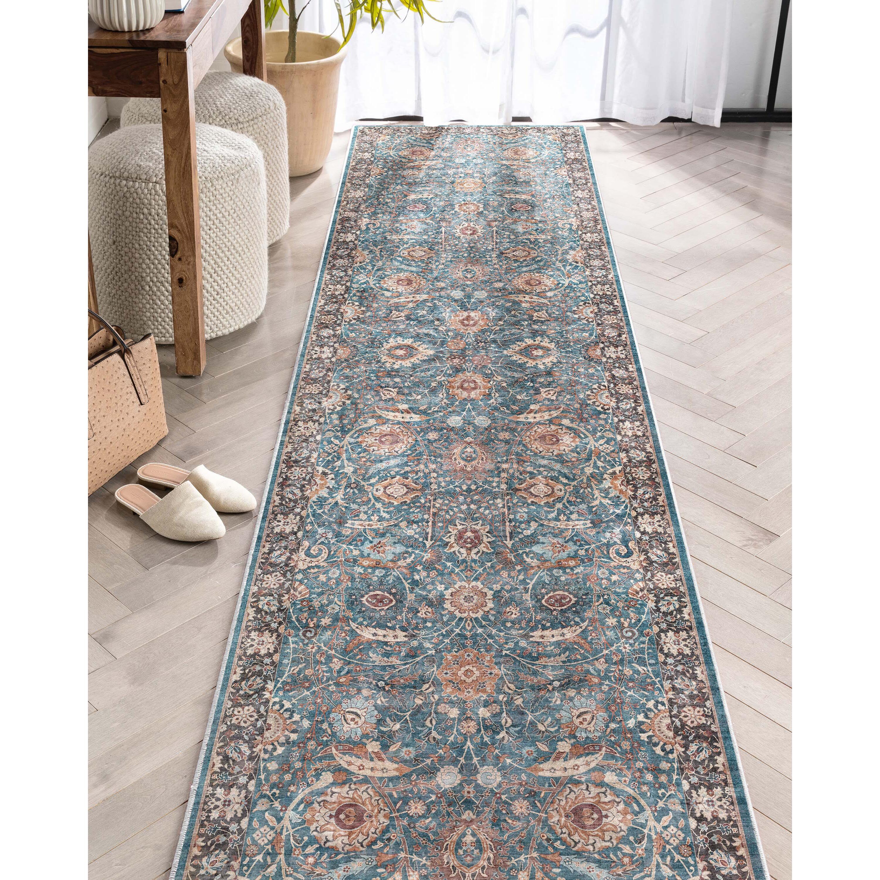 Well Woven W-AS-01B-2L 2 x 9 (ft) Flatweave Polyester Teal Rectangular Indoor Medallion Vintage Runner rug