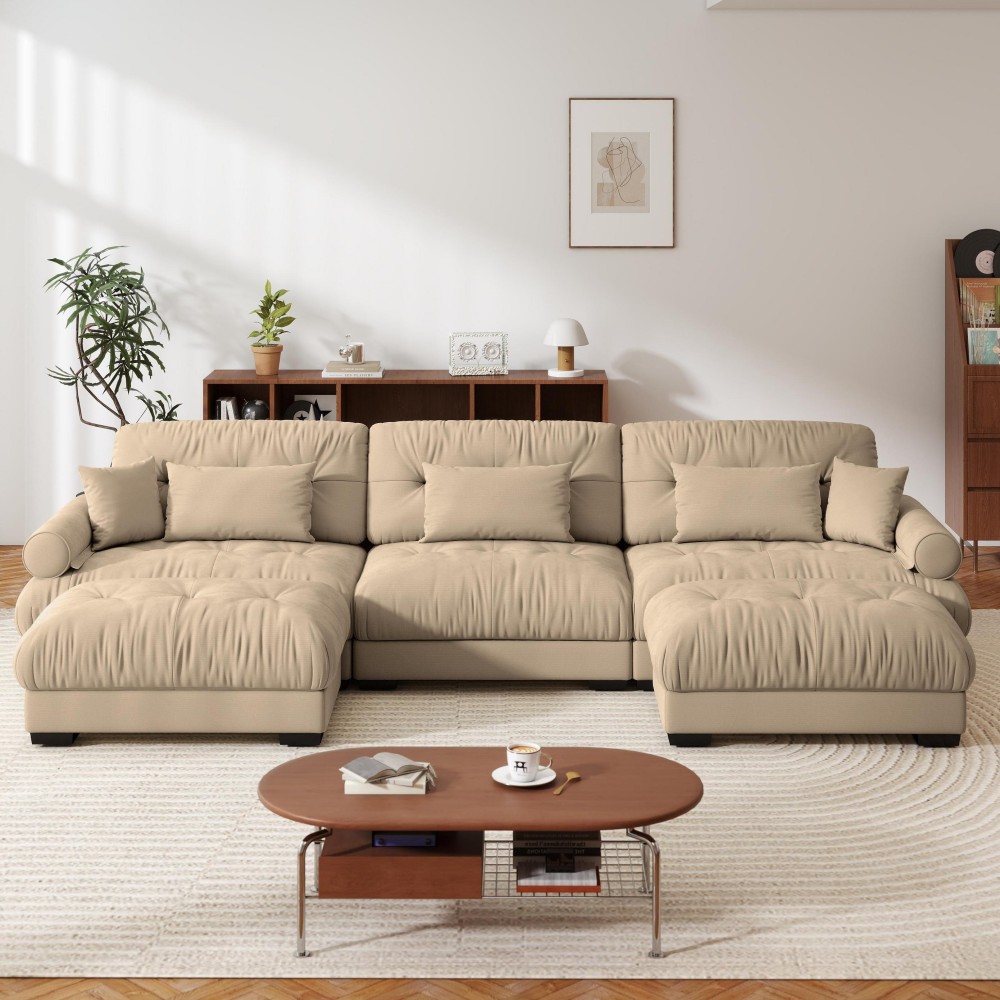 Homy Casa BLASTAR-CM BLASTAR 130 in. Velvet 3-Seater Sectional Sofa with Round Bolster Arms and Modular Ottoman in Camel Brown