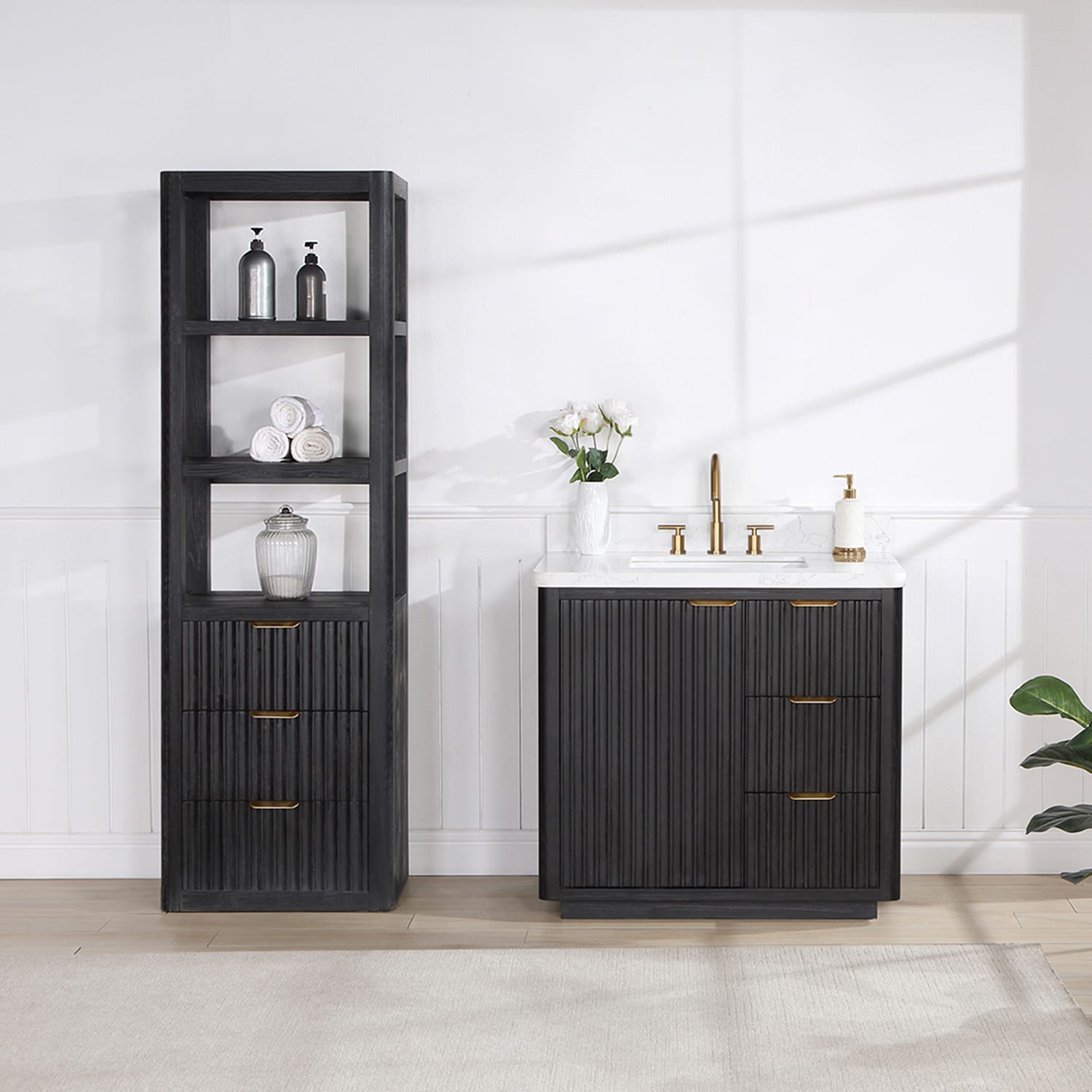 Cadiz 36-inch Black Oak Single Sink Vanity with White Engineered Stone Top