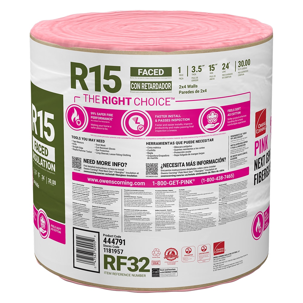 Owens Corning R-15 Kraft Faced Fiberglass Roll Insulation 30-sq ft (15-in W  x 24-ft L) Individual Pack in the Roll Insulation department at