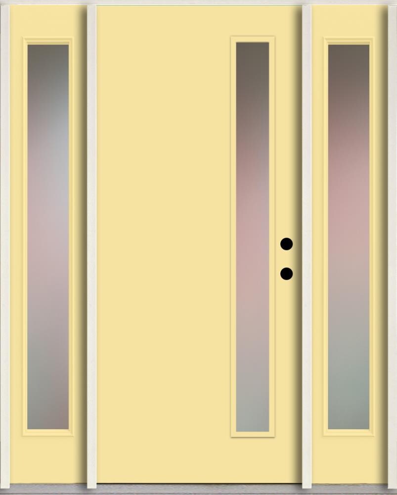 RELIABILT LO1065416 Spotlights 56-in x 80-in x 4-5/8-in Fiberglass 1/4 lite Left-hand inswing Cabana Yellow Paint Painted Prehung Front Door with Sidelights Insulating core