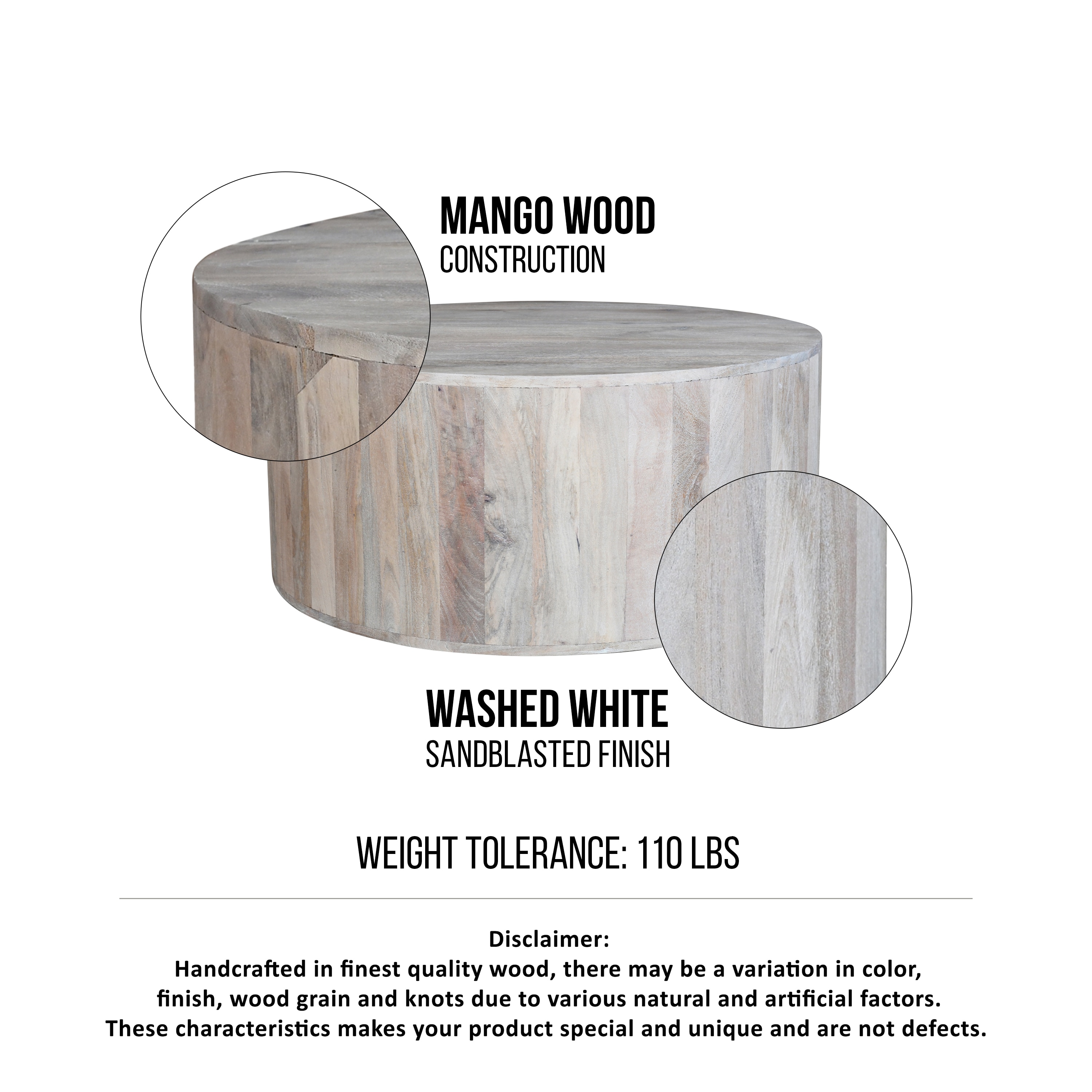 36" Round White Washed Mango Wood Lift-Top Coffee Table
