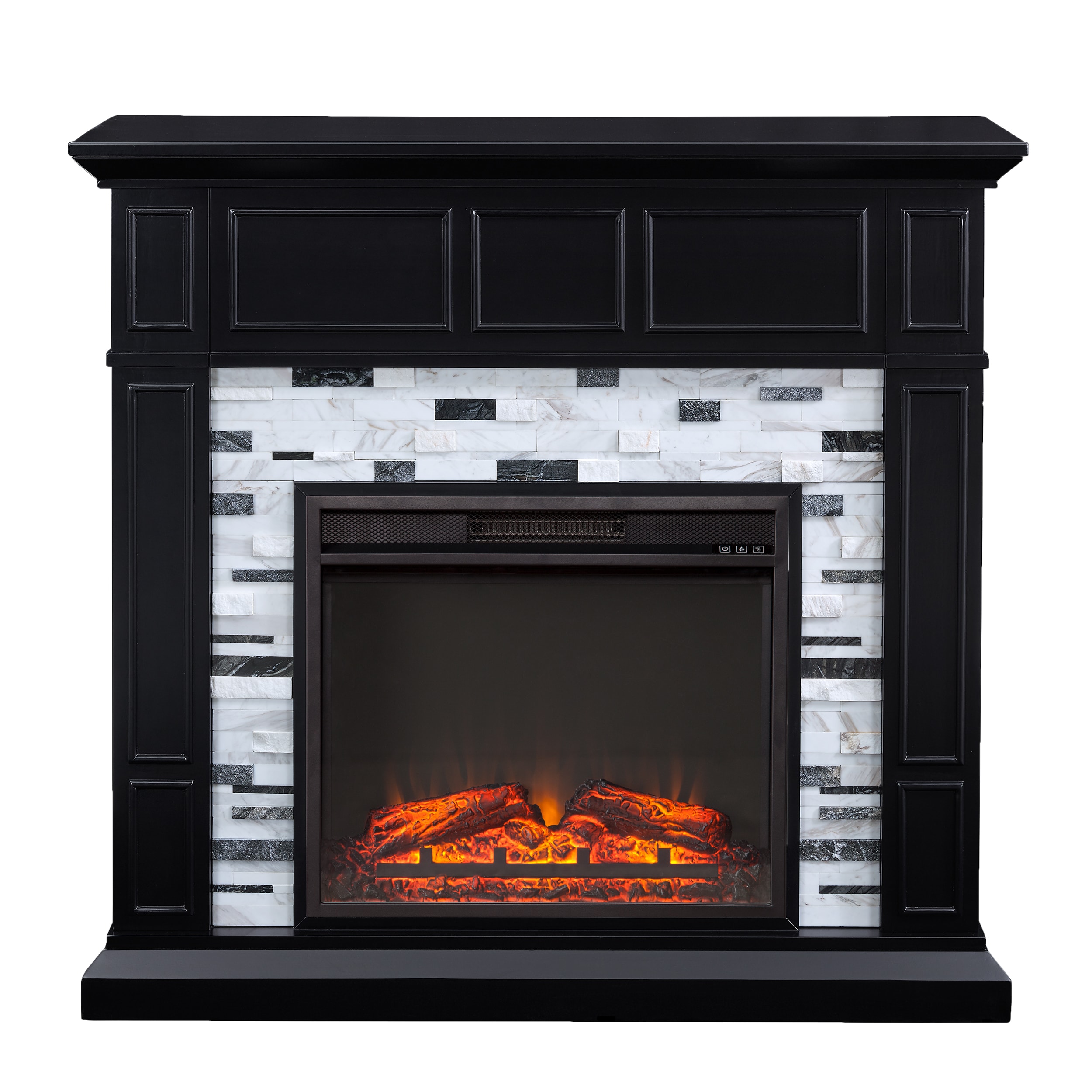 Southern Enterprises FP1080859 45.5-in W Black with white and gray marble Free standing Fan-forced Flat wall Electric Fireplace with Remote Control Included