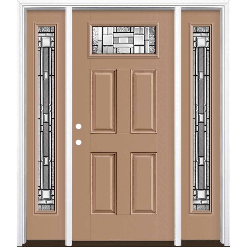 Masonite 3421374 Naples 64-in x 80-in x 4-9/16-in Fiberglass 1/4 lite Right-hand inswing Warm Wheat Painted Prehung Single door with sidelights Front Door with Brickmould Insulating core Decorative glass