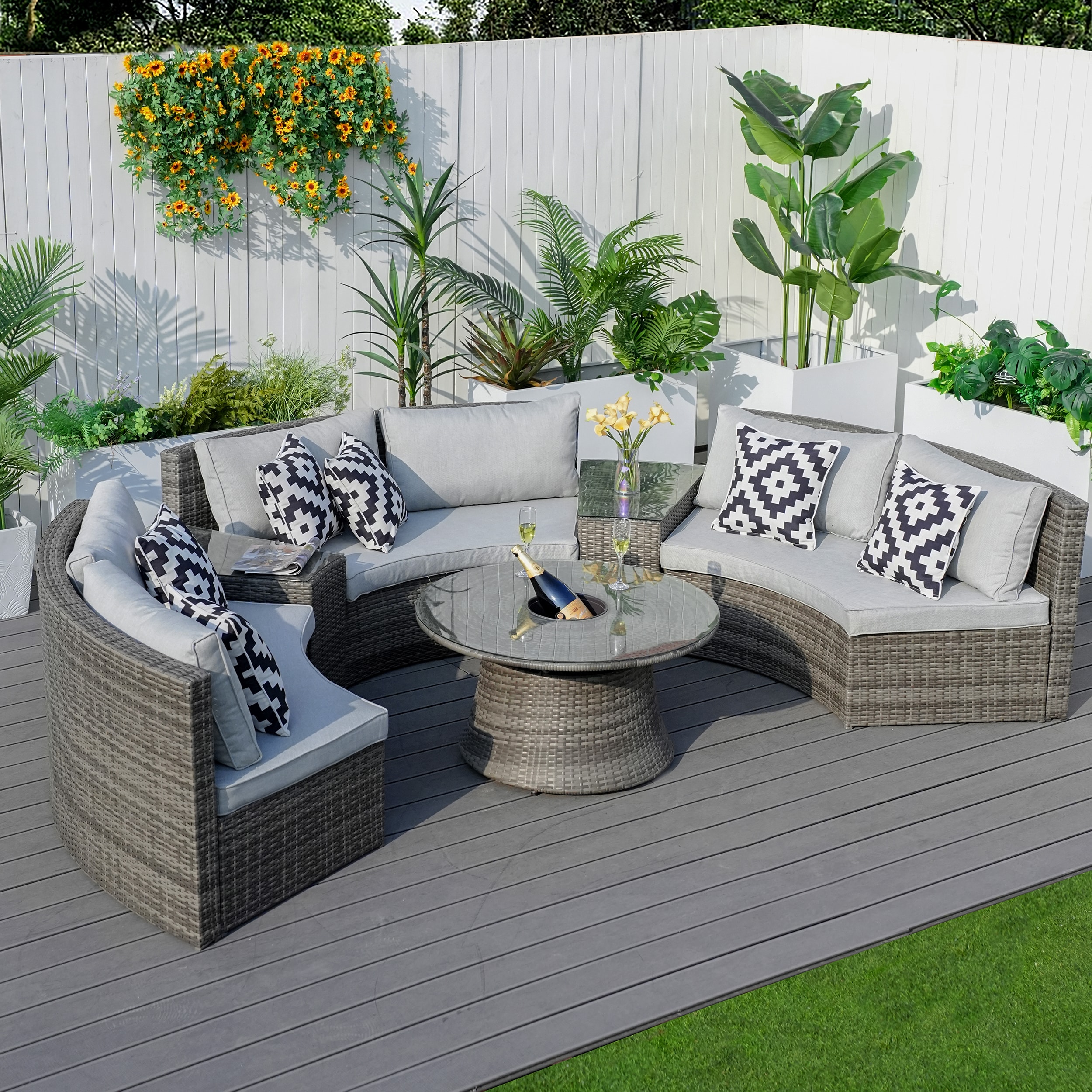 Moda Furnishings MOS-1205B-G 6 -Piece Wicker Patio Conversation Set with White Cushions