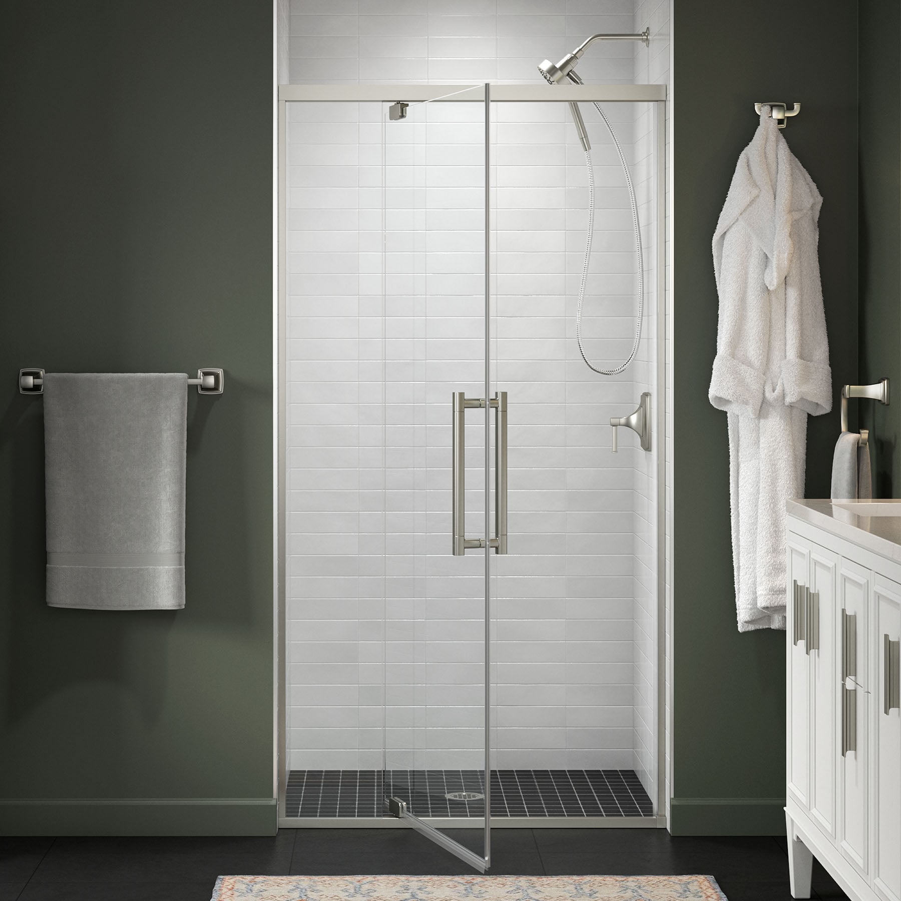 KOHLER 702480-8L-BNK Premise Anodized Brushed Nickel 35-5/8-in to 39-5/8-in W x 76.06-in H Frameless Pivot Soft Close Shower Door 5/16-in Thick Clear Glass