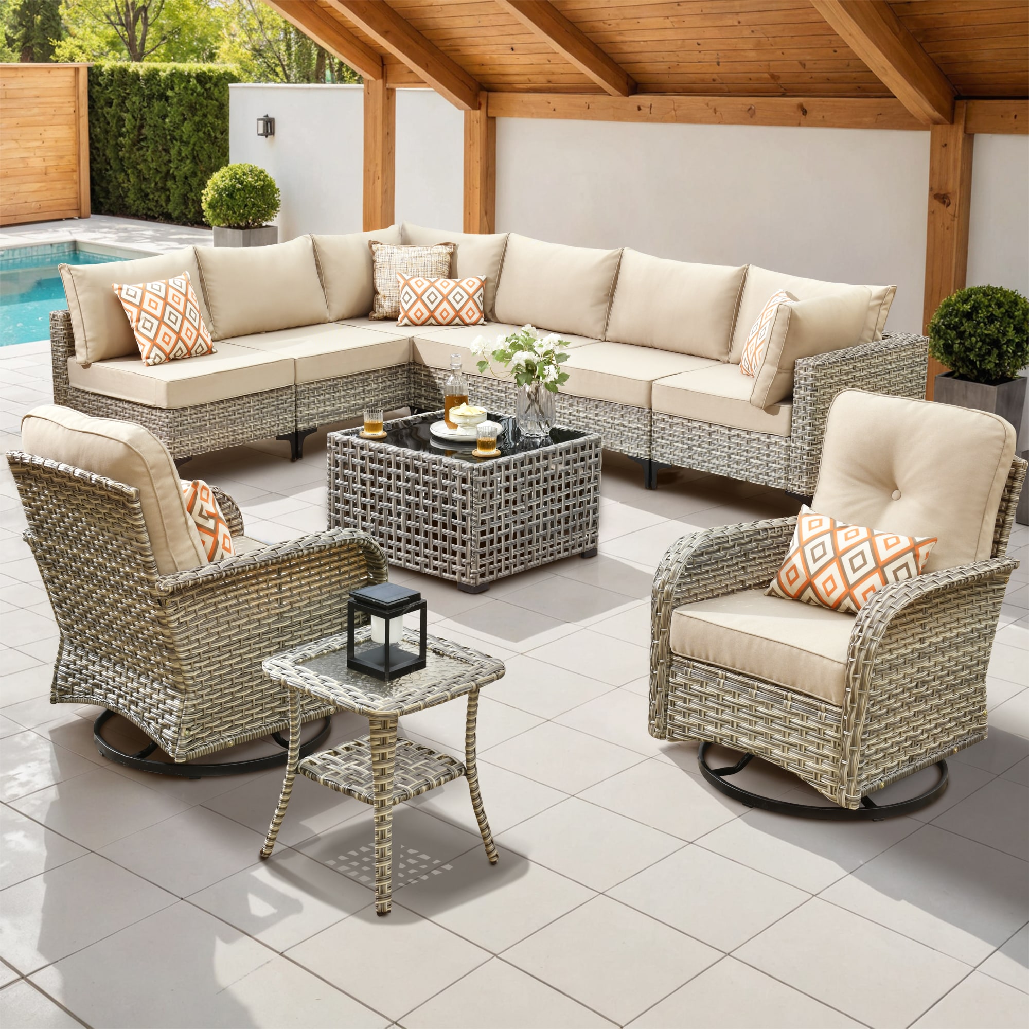Caodoc L5-VYZSKT610-1 VYZSKT Wicker Outdoor Sectional with Beige Cushions and Wicker Frame