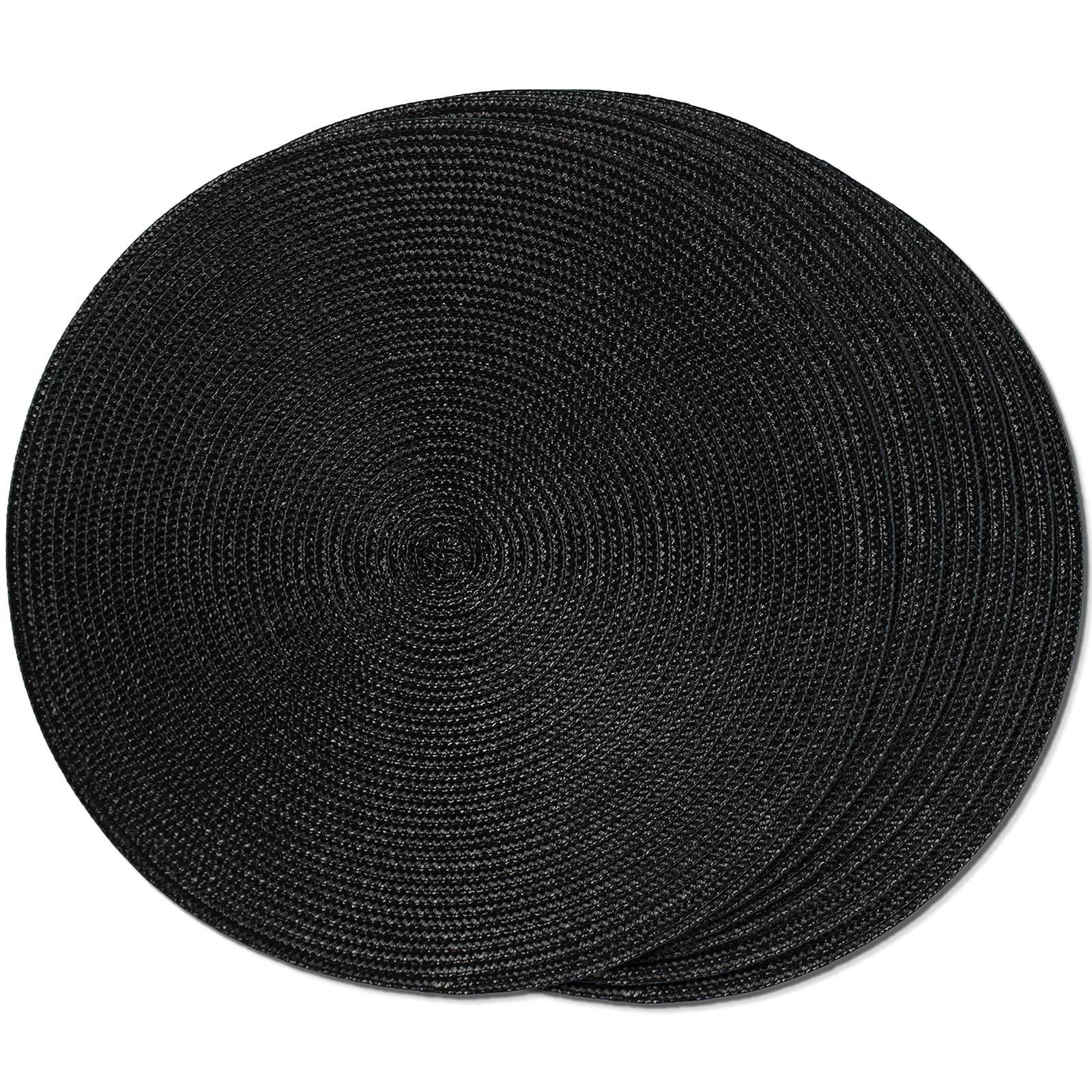 Phewnyzo  Round Braided Placemats 15 Inch Black Woven Washable Non Slip Table Mats Heat Resistant Set of 6pcs for Dining Table Kitchen Indoor