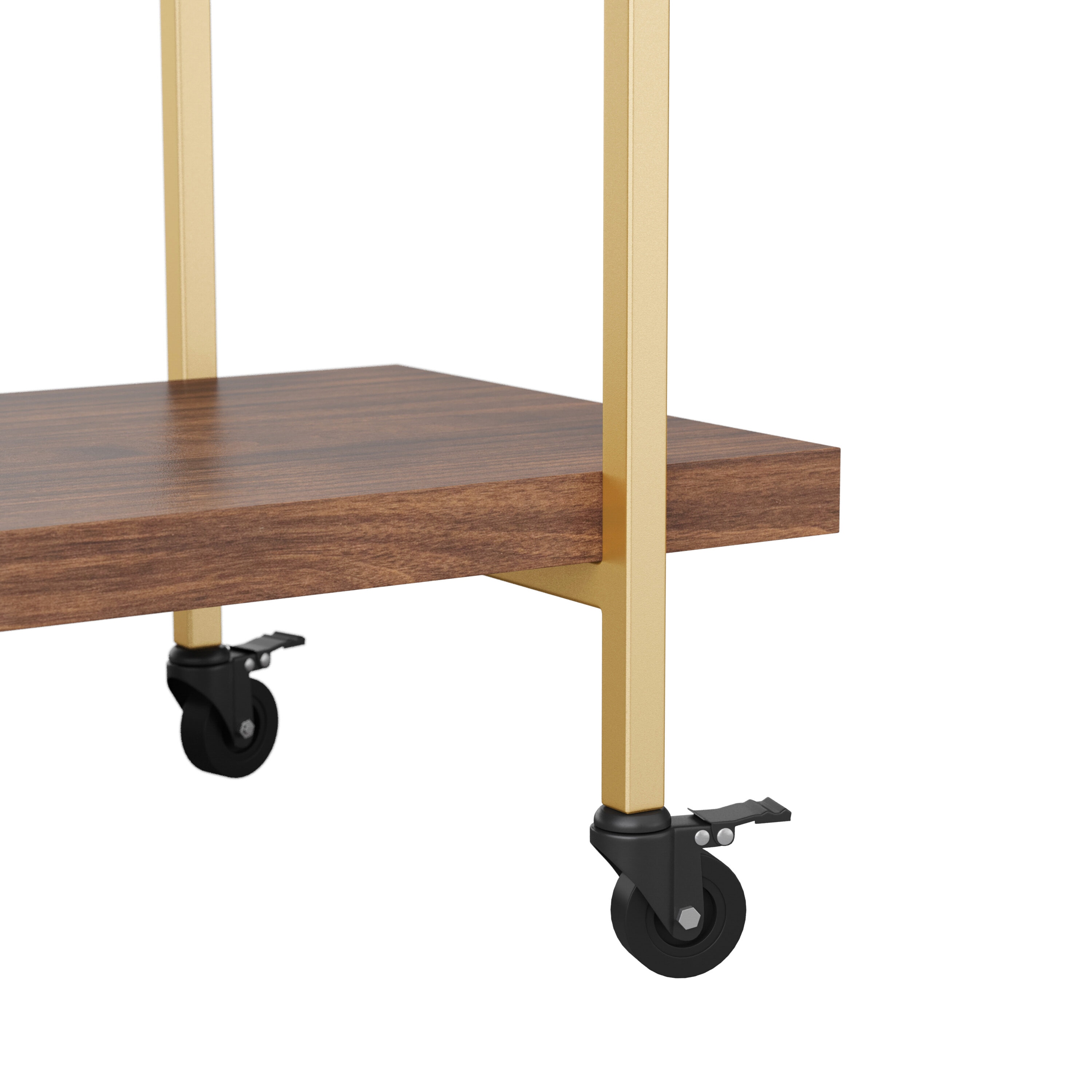 Walnut and Brass 2-Tier Mobile Office Printer Cart with Side Storage