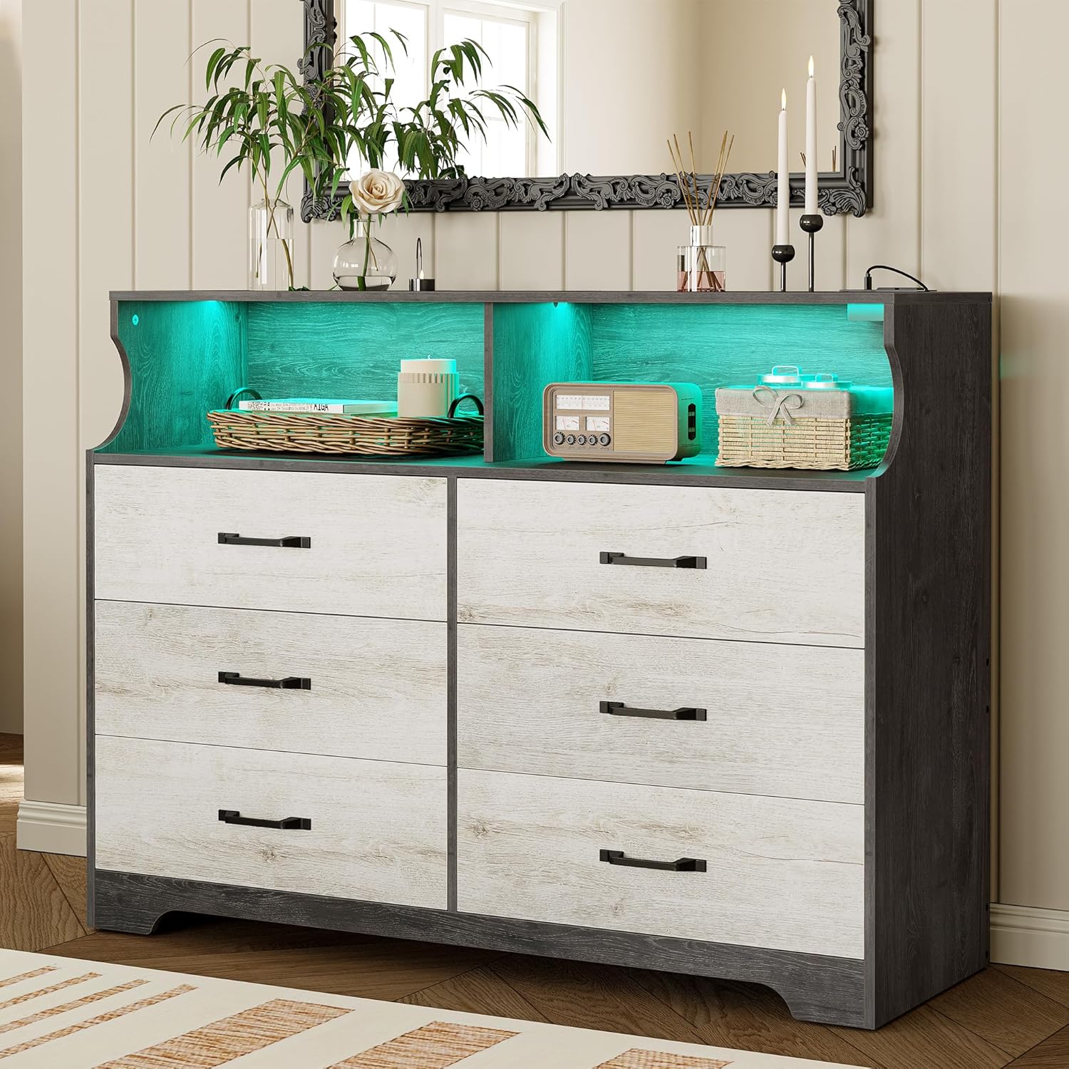 Likimio USAN1056324VN 47.2-in W Rustic White 6 Drawers Wood Dresser with LED and USB Charging