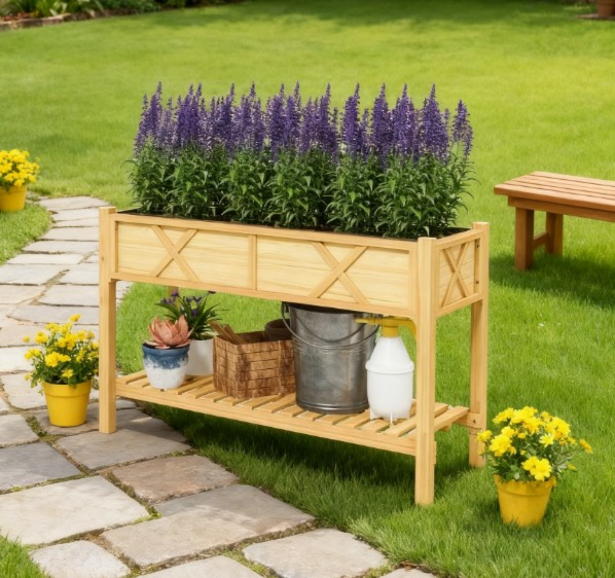 JUSHUA XJ Dual-Tier Elevated Wood Planter Box Raised Garden Bed with ...