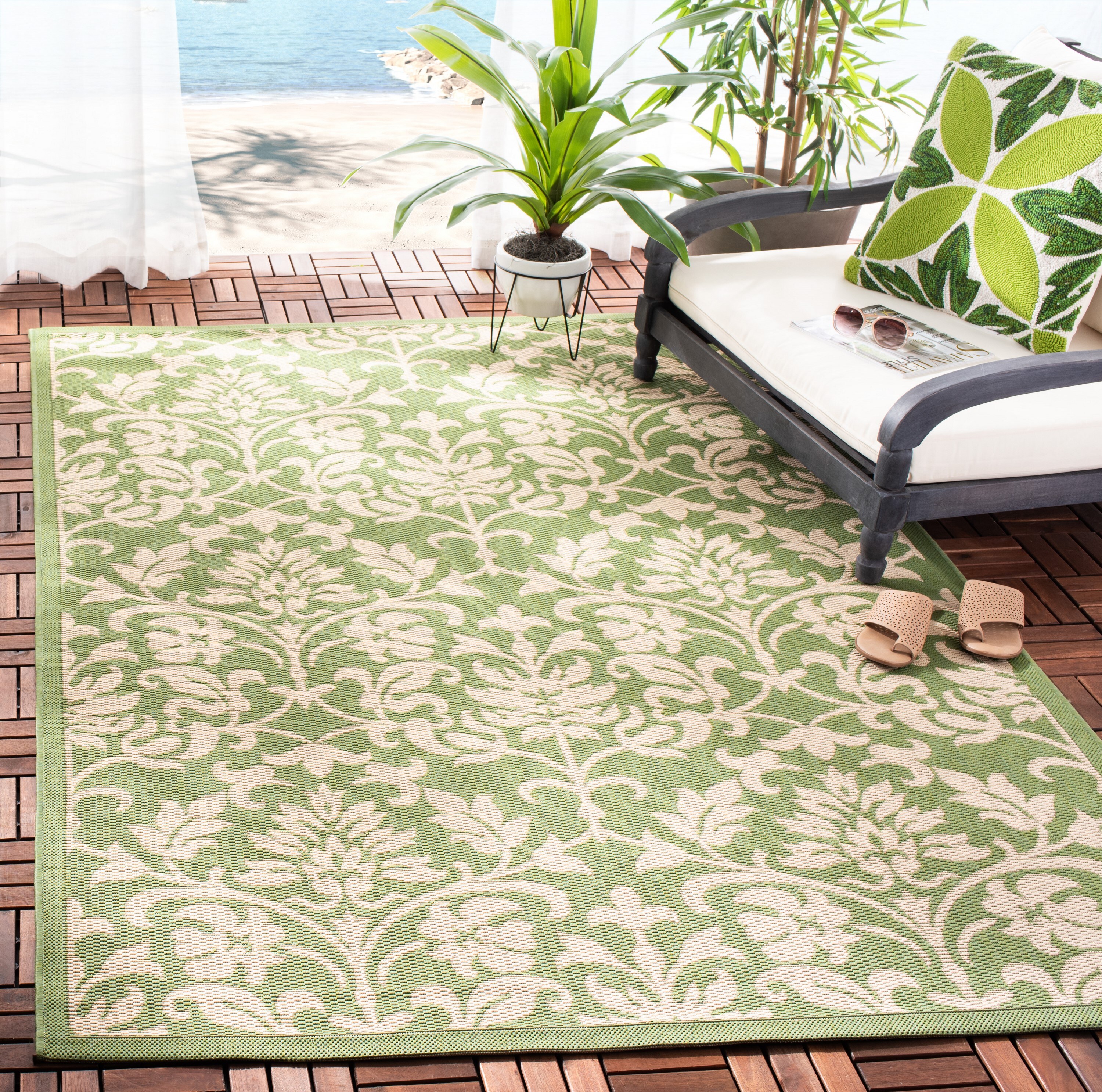 Safavieh CY3416-1E06-3 Courtyard Exuma 3 x 5 (ft) Loomed Polypropylene Olive/Natural Rectangular Indoor/Outdoor Floral/Botanical Coastal Wash with water Throw rug