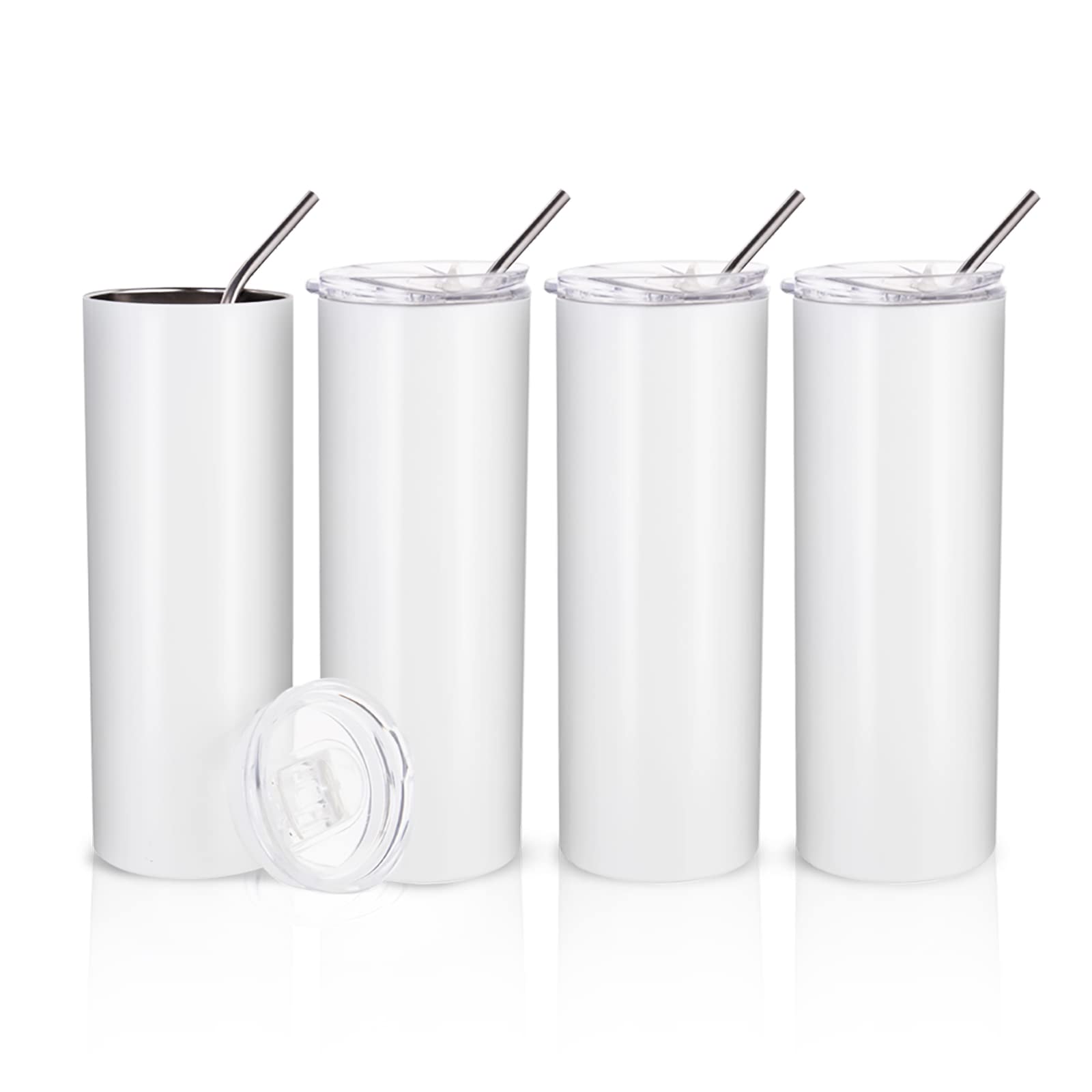 Aoibox  20 oz Sublimation Ready Straight Skinny Stainless Steel Tumblers with Metal Straw and Slide Lid 4 Pack