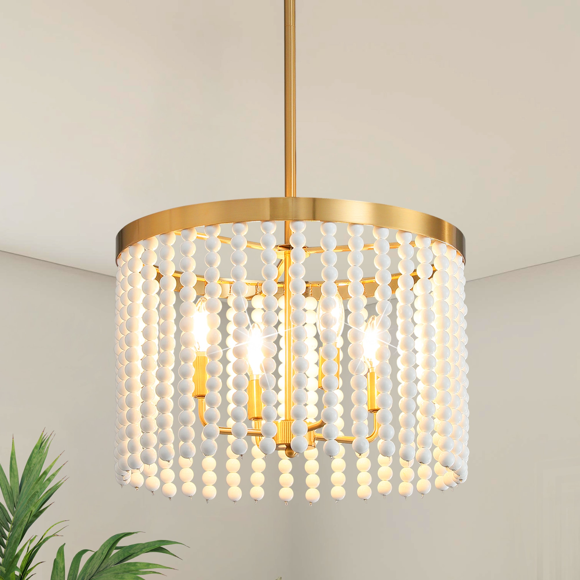 KAISITE 8207PL-04GD-US 18-in 4-Light Farmhouse Gold Rustic Round Chandelier Boho Wood Beaded Chandelier Light Fixture for Kitchen Island