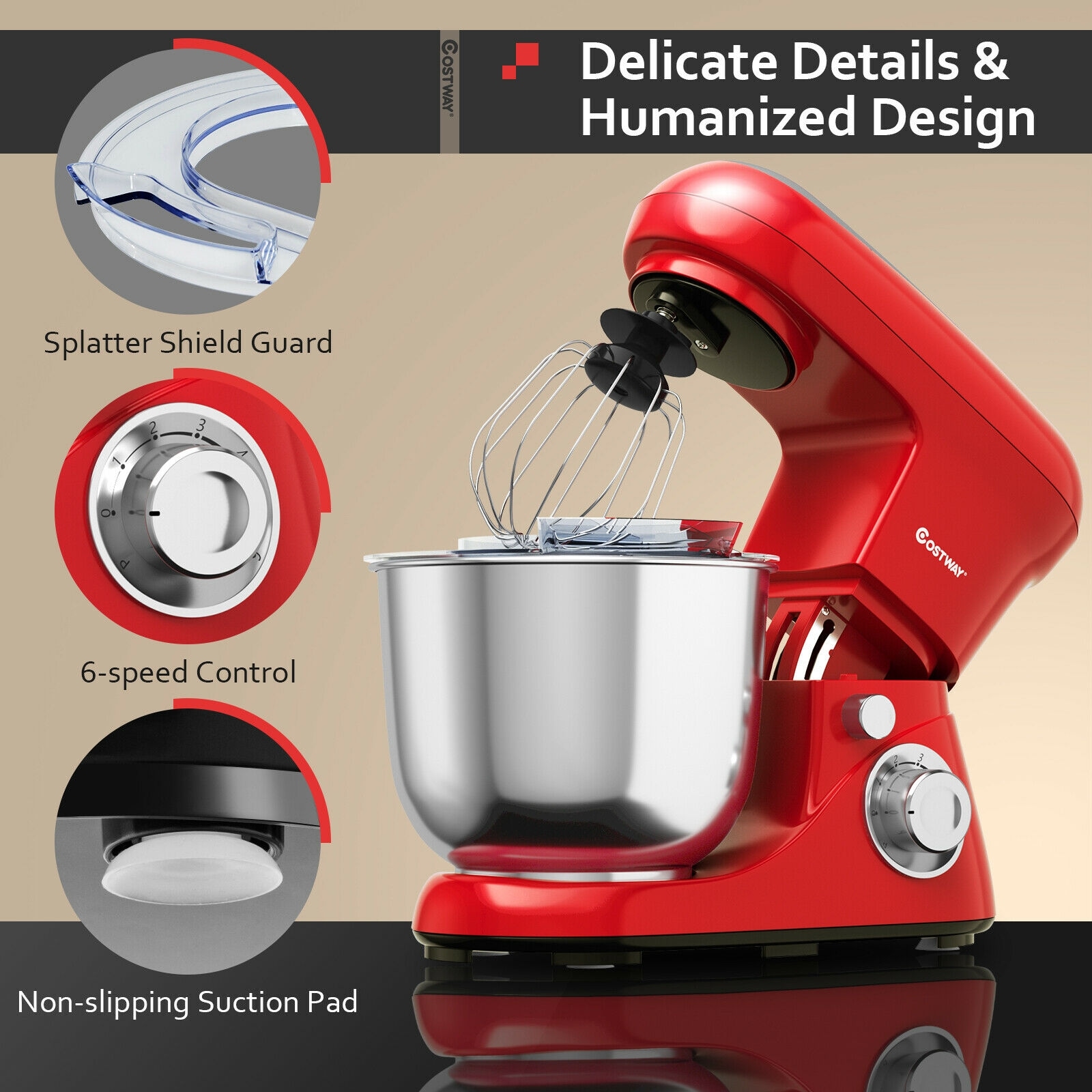 800W 7 qt. . 6-Speed Red Stainless Steel Multi-Functional Stand