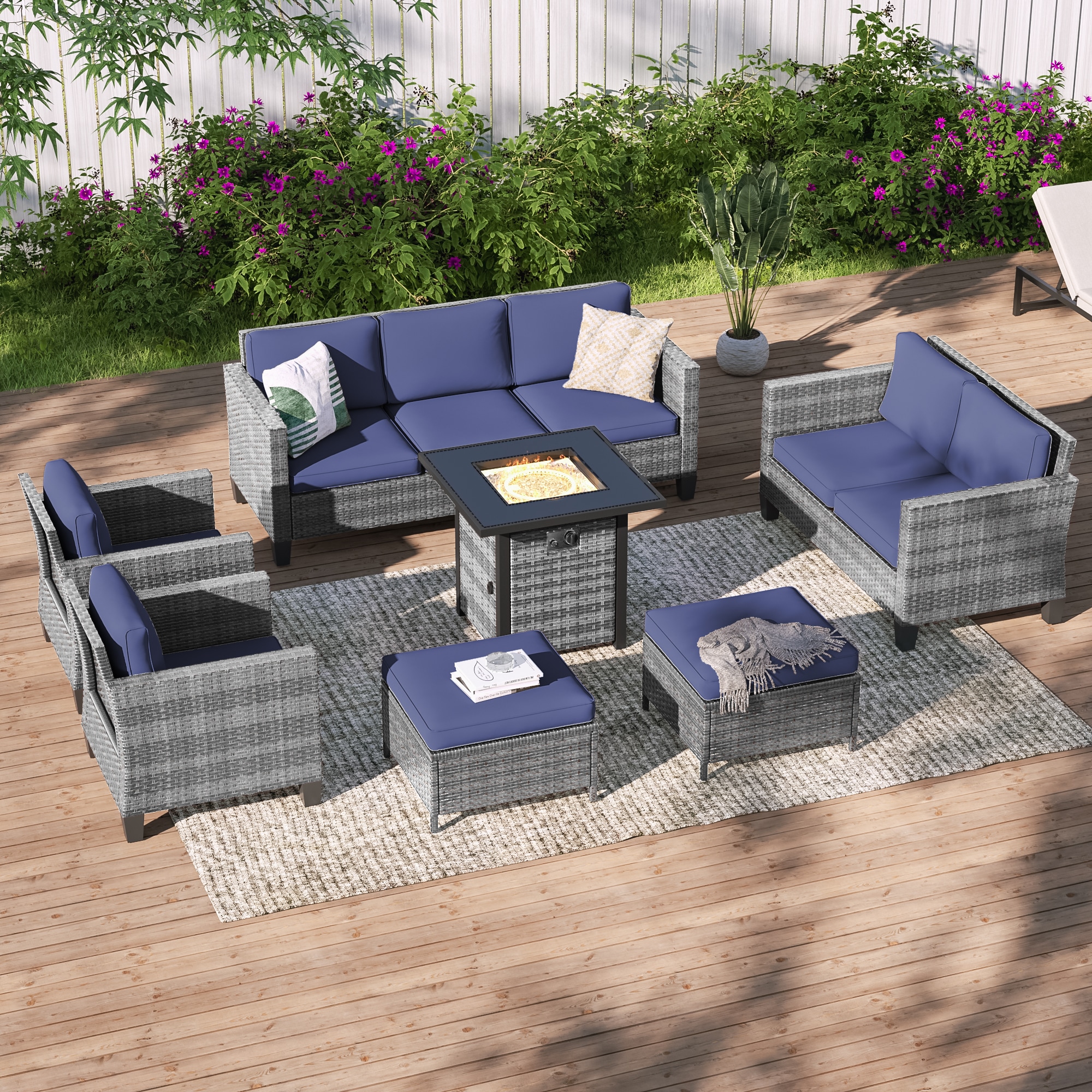 ACEGOSES LW-115HNY-S3T4 Skytop 7 -Piece Wicker Patio Sofa Conversation Set with Blue Cushions