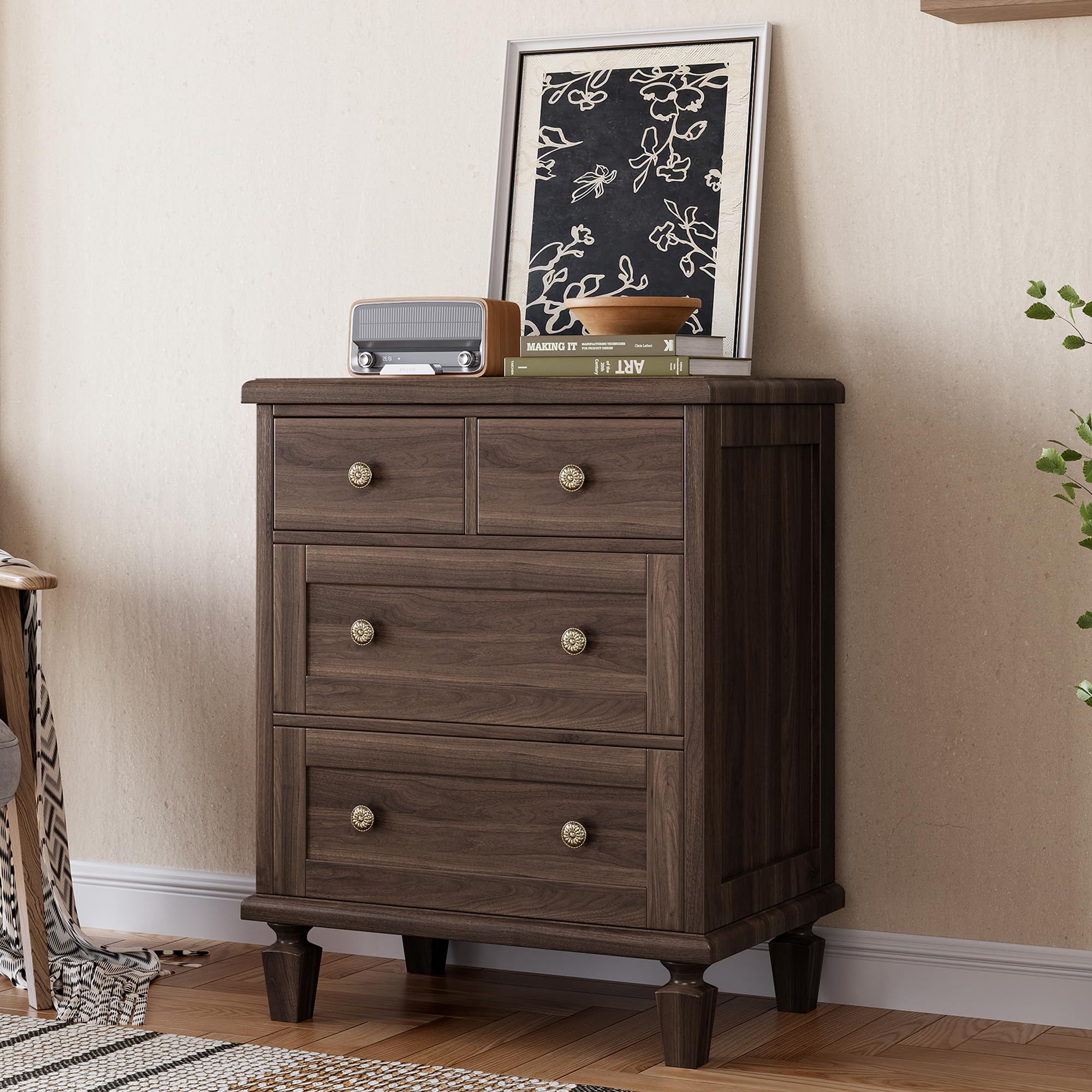 dark brown dresser and nightstand IdealHouse Vintage 4 Drawer Sturdy Wood Chest with Tapered Legs Distressed Finish Farmhouse Bedside Table Bedroom Storage Cabinet Sturdy Organizer in the Dressers department at adding a discreet compartment