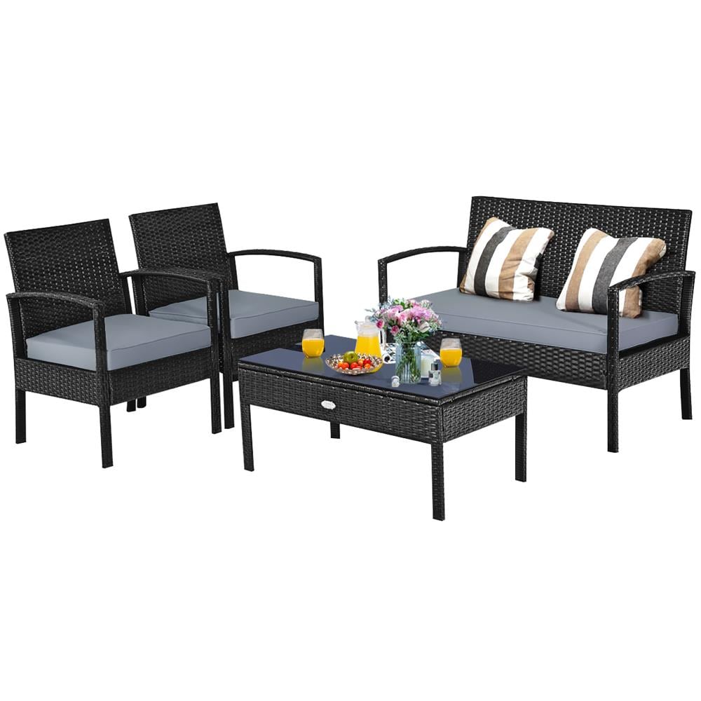Goplus Costway Rattan Outdoor Sofa with Black Cushion(S) and