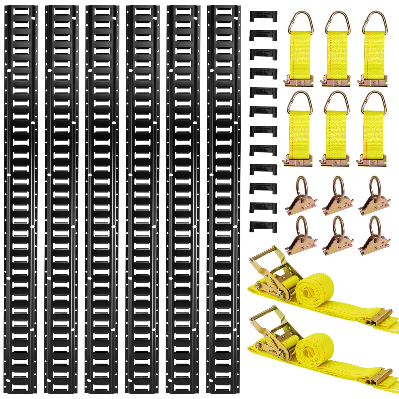 GIVIMO E-Track Tie-Down Rail Kit 6-Pack 5-ft Rails 26-pc Set with 2 Ratchet Straps 6 O-Rings 6 Tie-Offs 12 End Caps 1500-lb Cargo Tie Down System for Trailers Vans Garages