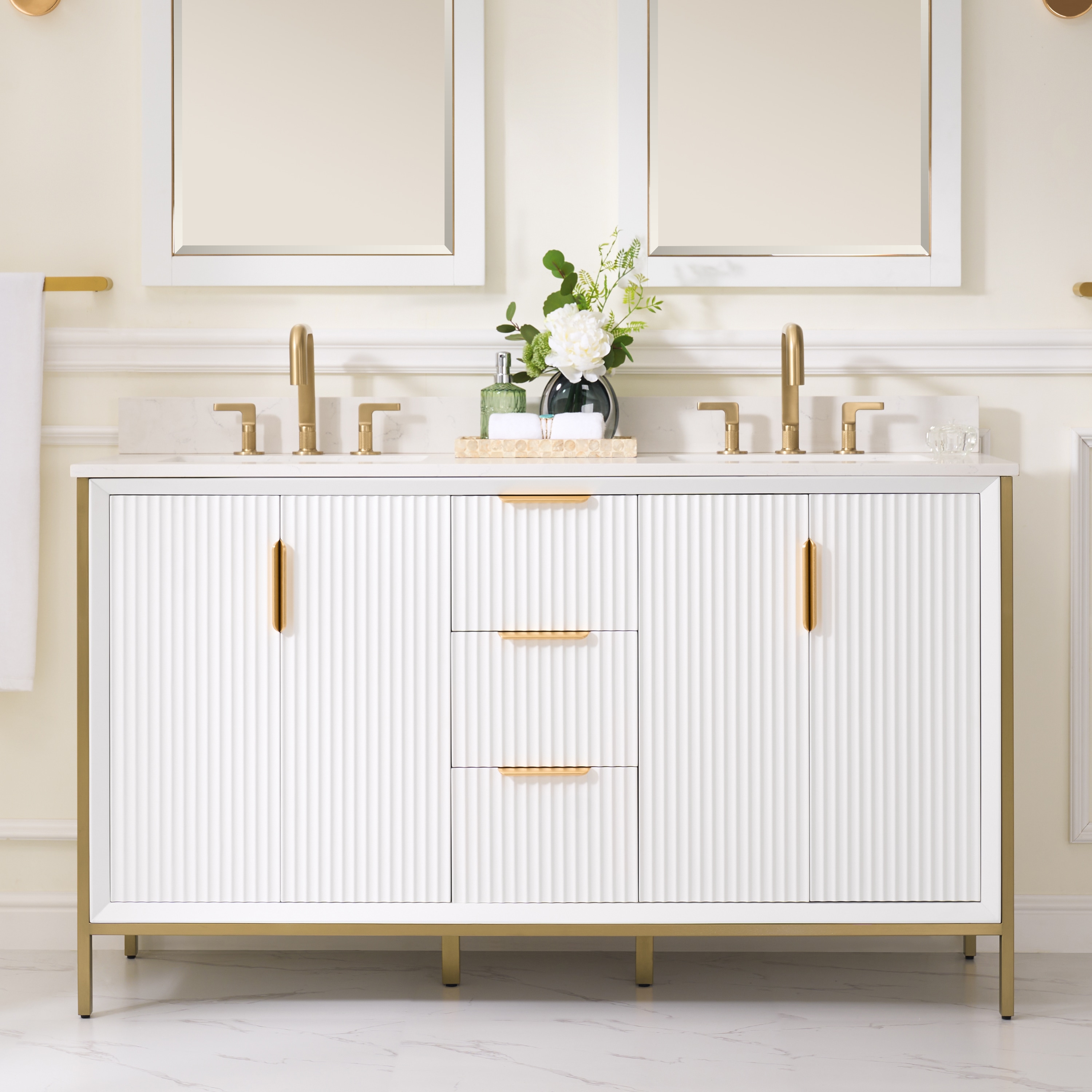 WELLFOR EX-BV60WH HANAH Solid Wood Bathroom Vanity 60-in White Undermount Double Sink Bathroom Vanity with White Quartz Top