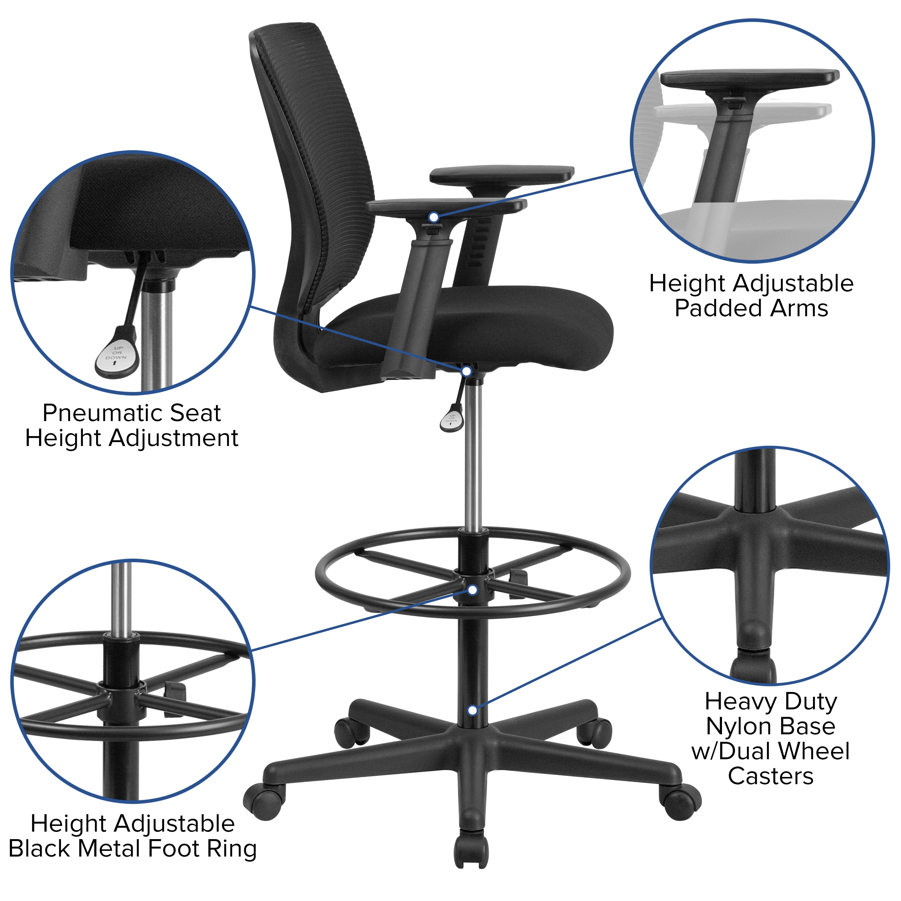 ErgoFlex Mid-Back Mesh Drafting Chair with Adjustable Arms and Black Fabric Seat