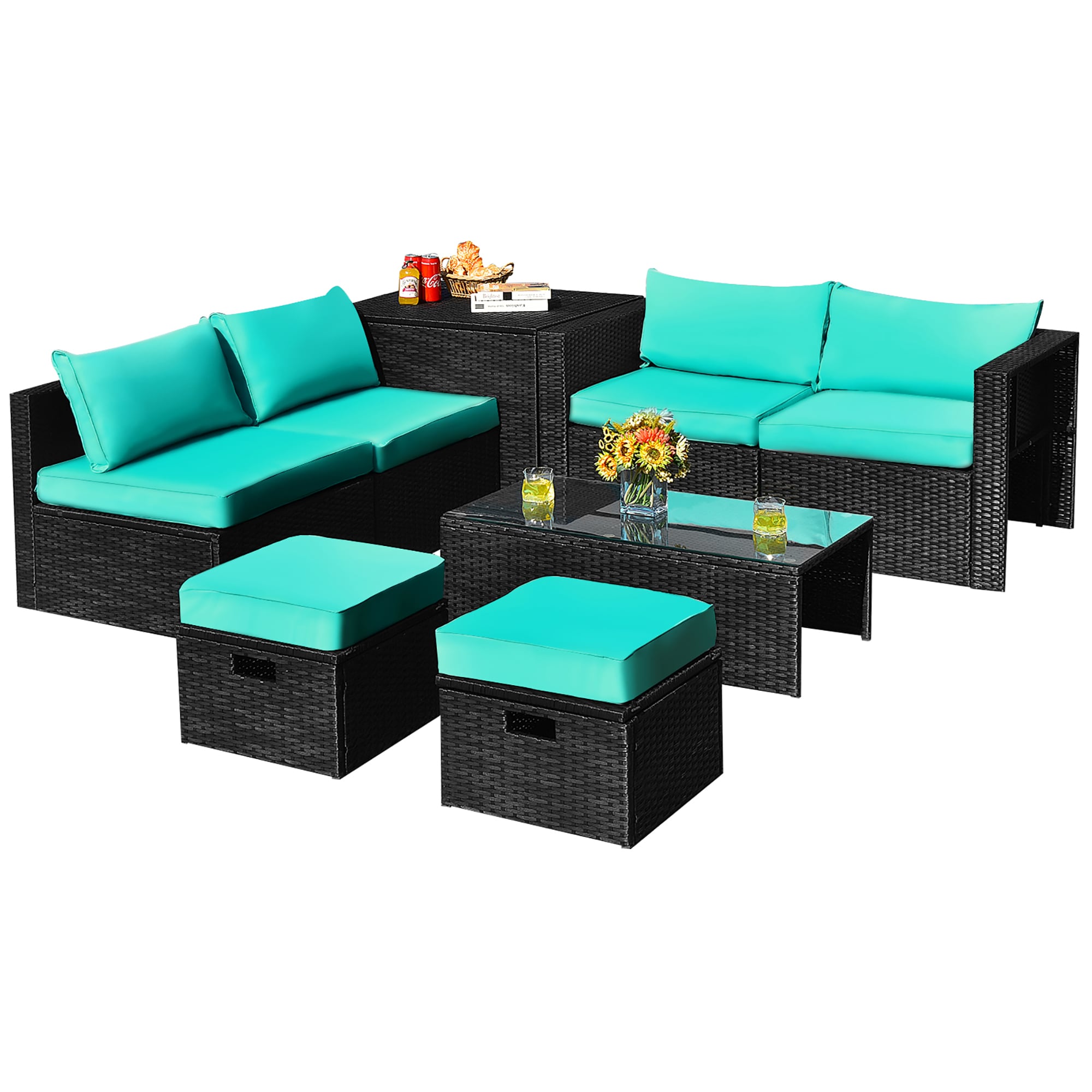 Costway LWS00842 8-Piece Rattan 4 Patio Conversation Set with Blue Cushions