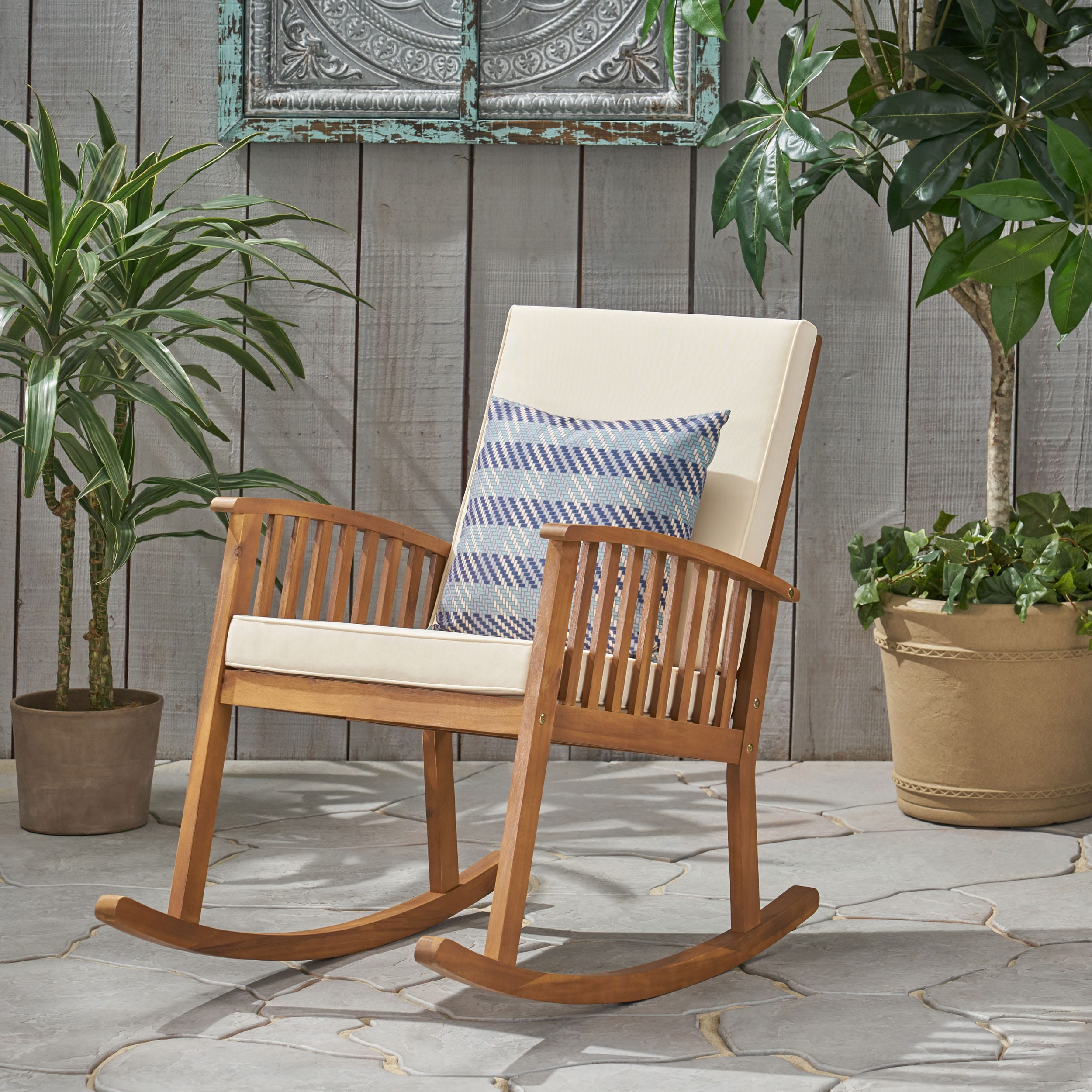 Casa Brown Acacia Wood Rocking Chair with Beige Cushions