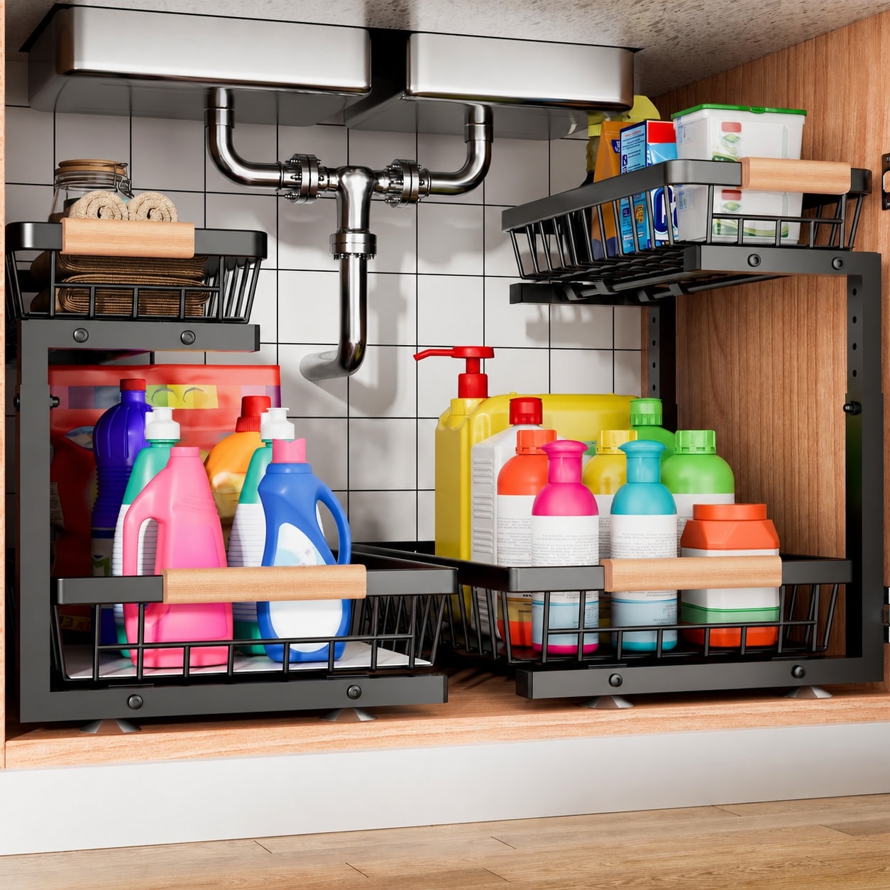 UUDULY  Under sink organizer 2 pack 2 tier pull out adjustable metal shelf for kitchen bathroom or closet storage with wide drawers and sturdy