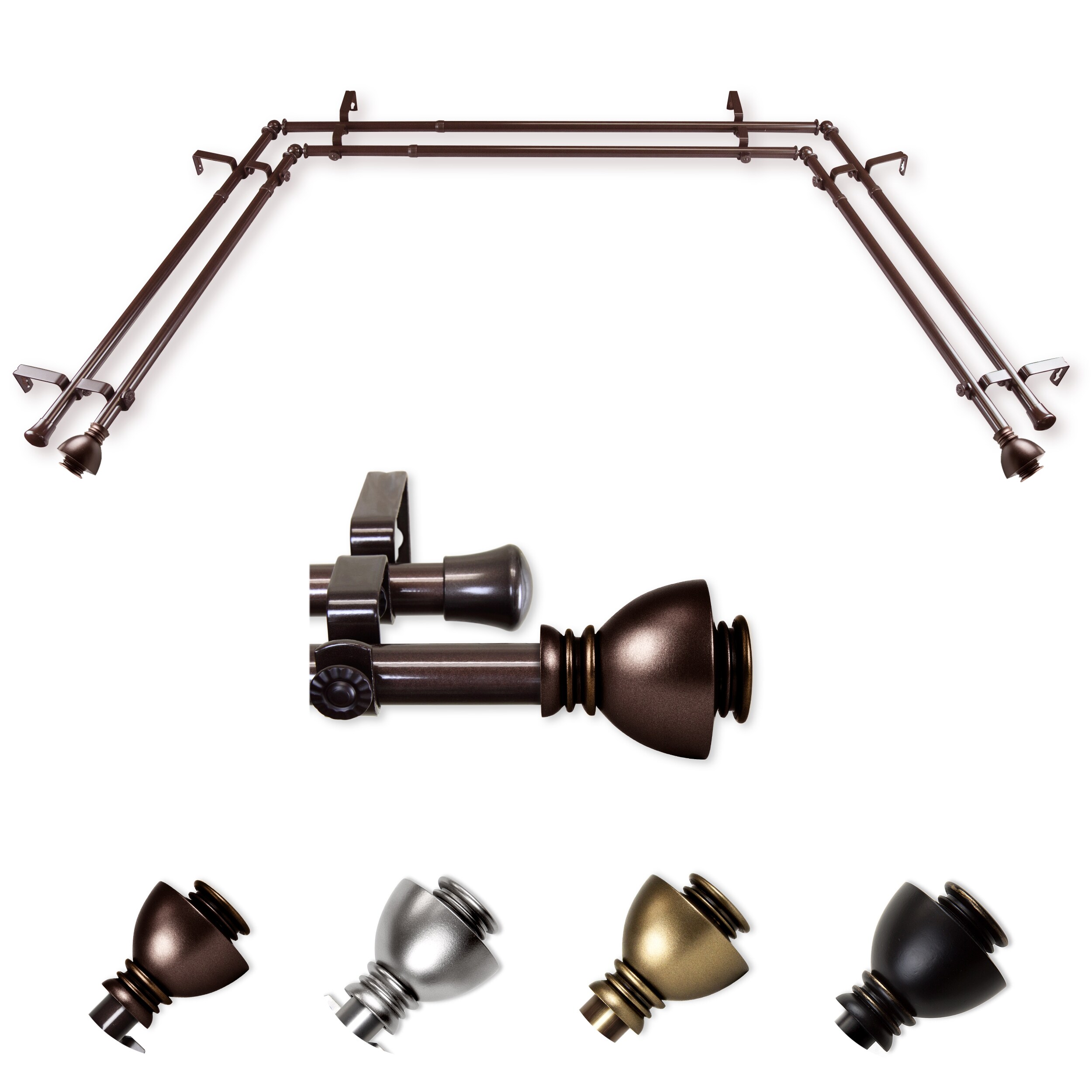 Hart & Harlow L-ABAY-86-7D Willard 13/16-in Double Bay Cocoa Steel Bay window curtain rod with Finials