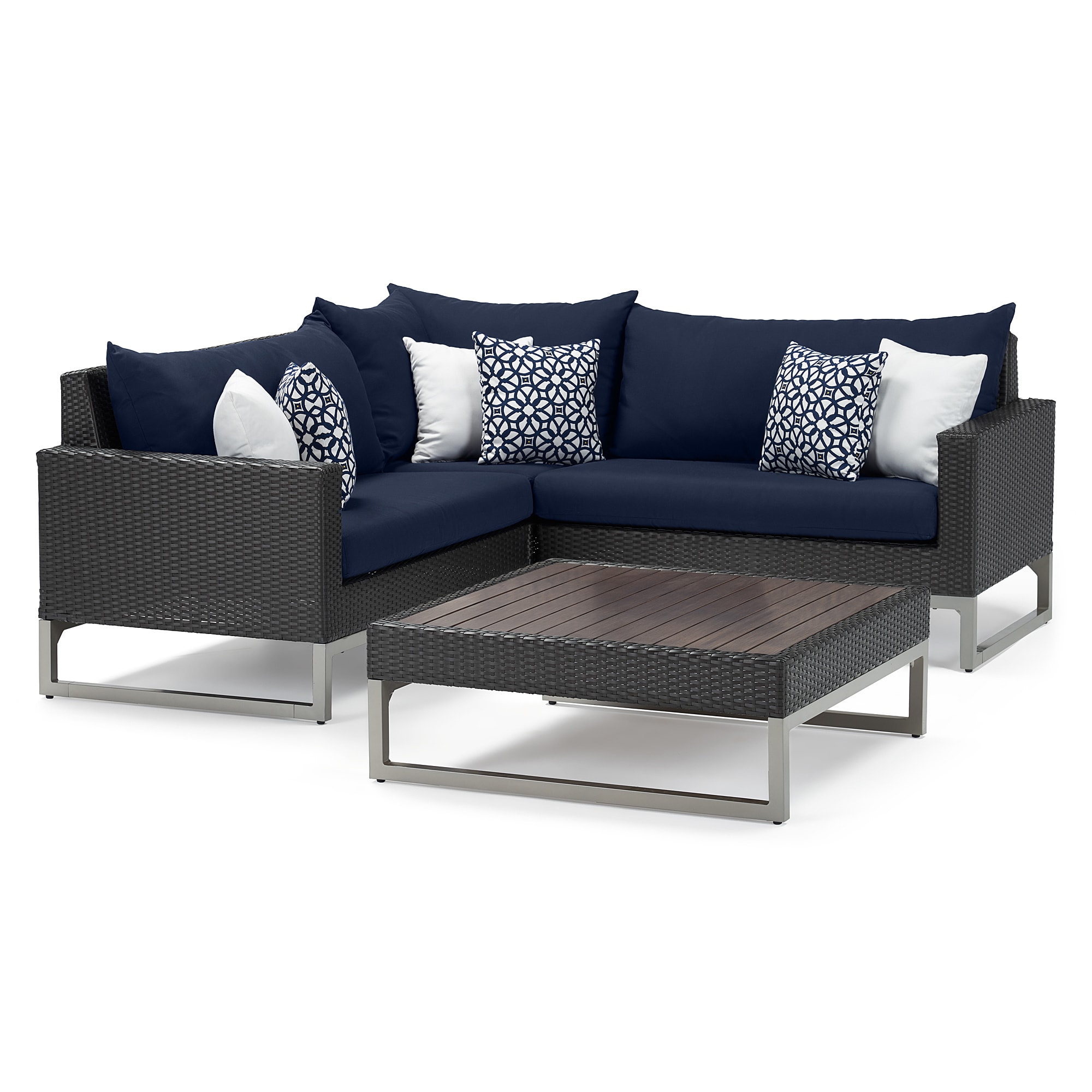 RST Brands OP-PESS4B-MILO-E-NVY Milo 4-Piece Rattan Patio Conversation Set with Blue Sunbrella Cushions