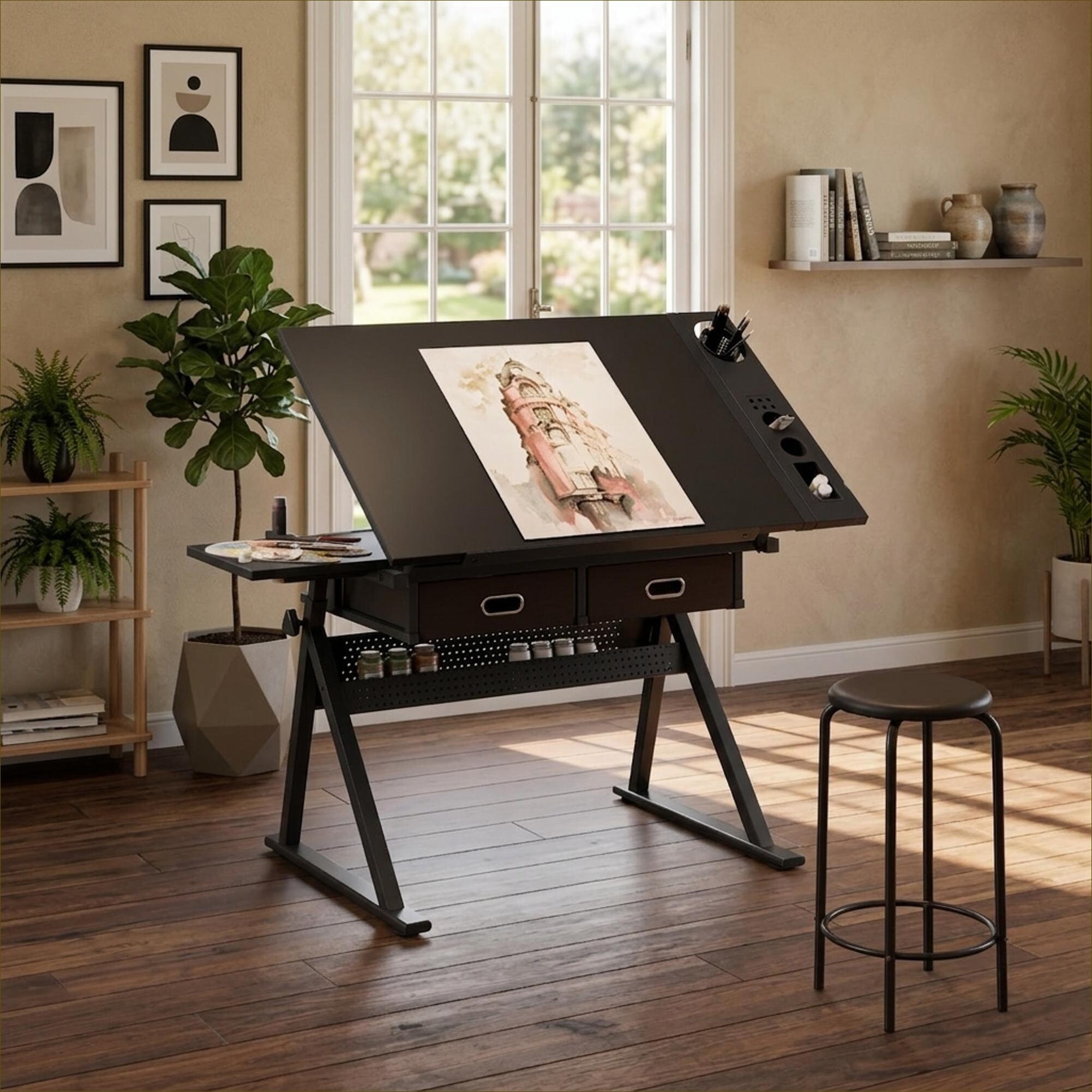 Watnature Deep Black MDF and Metal Adjustable Drafting Table with