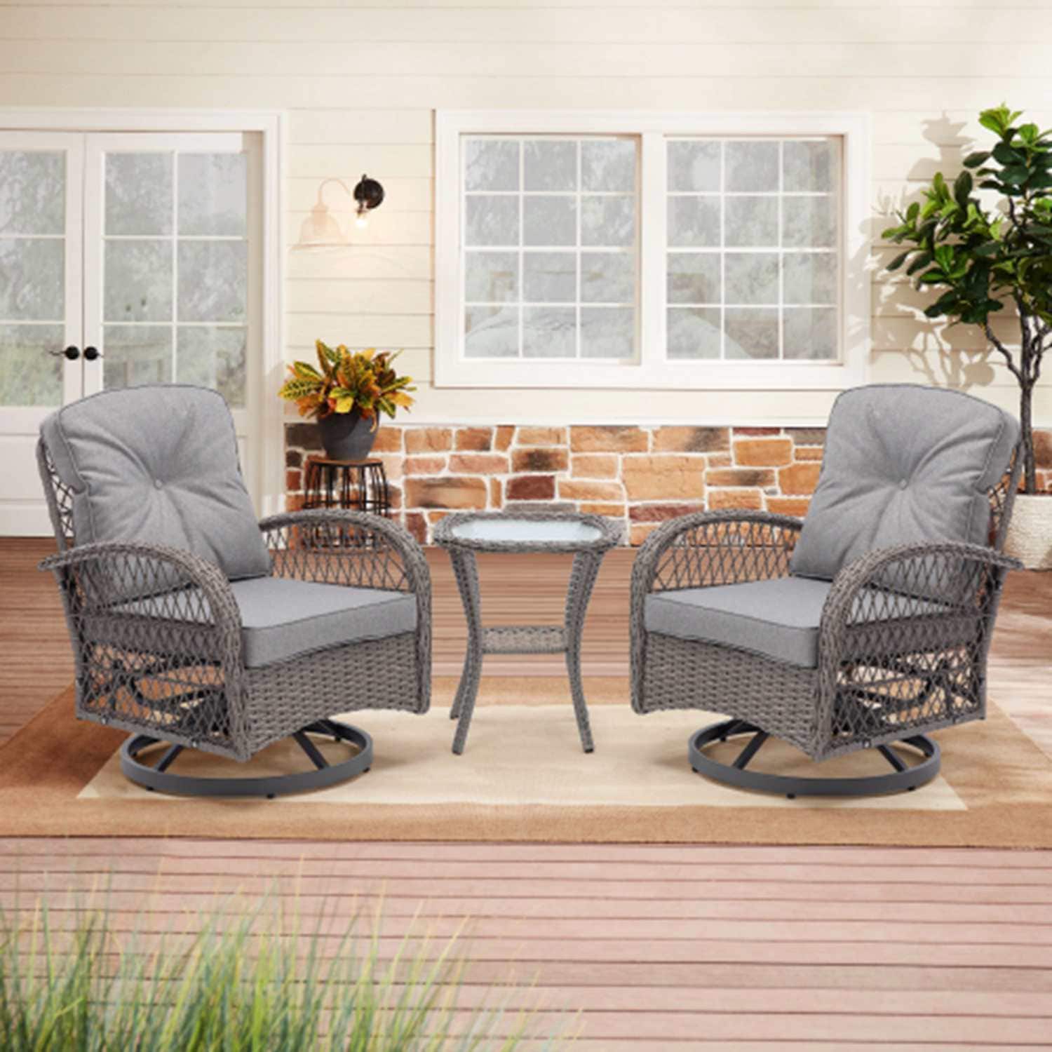 Runesay HBPATI2-05 3 -Piece Wicker Patio Conversation Set with Gray Cushions
