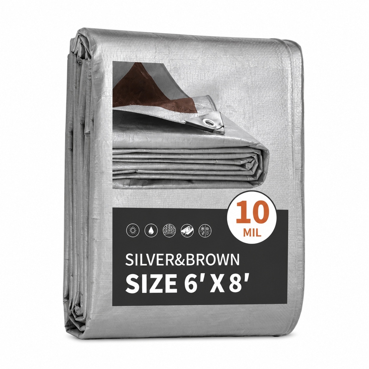 Aoibox  6x8 Ft Heavy Duty Waterproof Poly Tarp 10 Mil with Metal Grommets and Reinforced Edges Silver and Brown