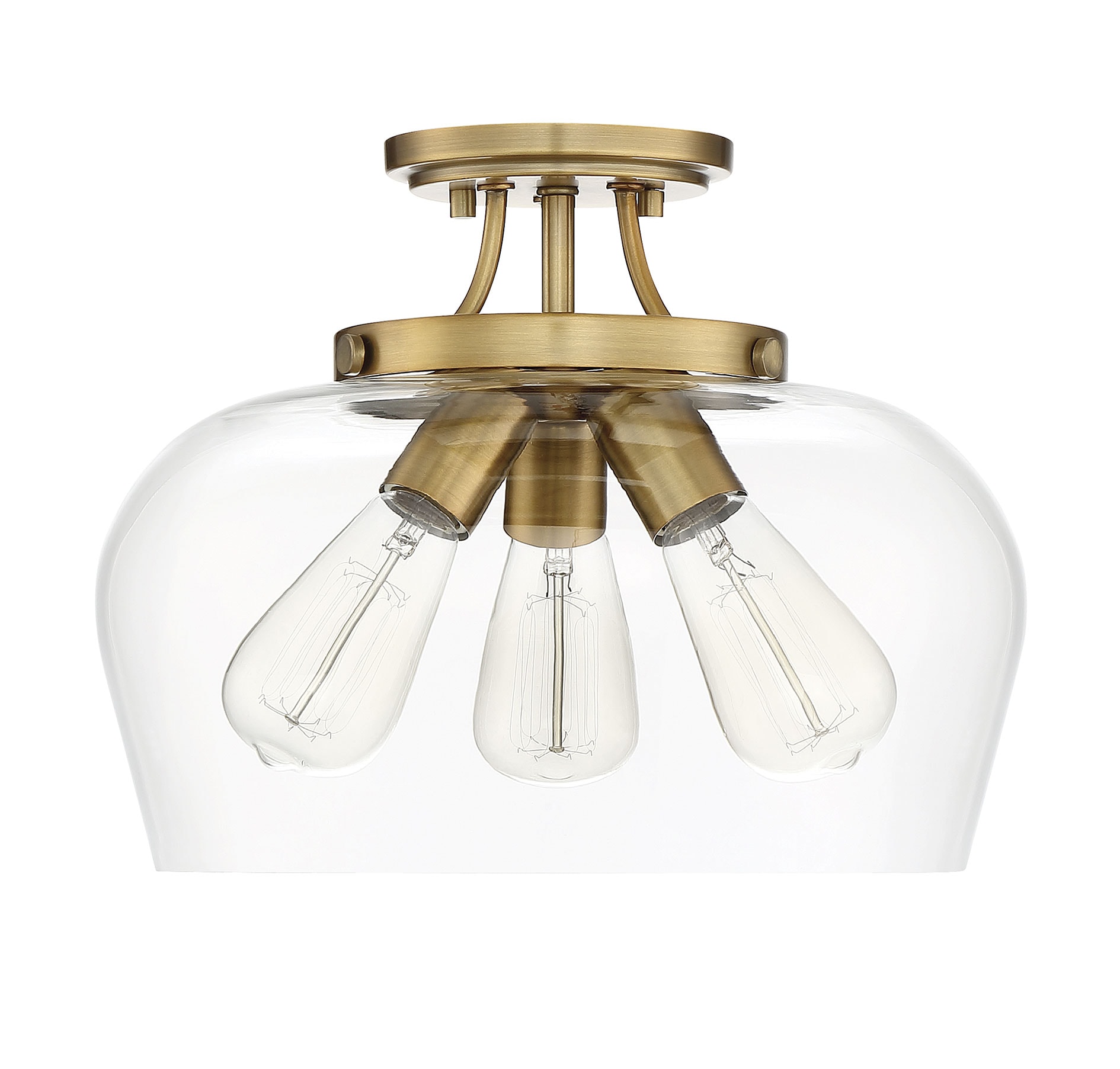 Elegant Warm Brass 3-Light Semi-Flush Mount with Curved Glass Shade