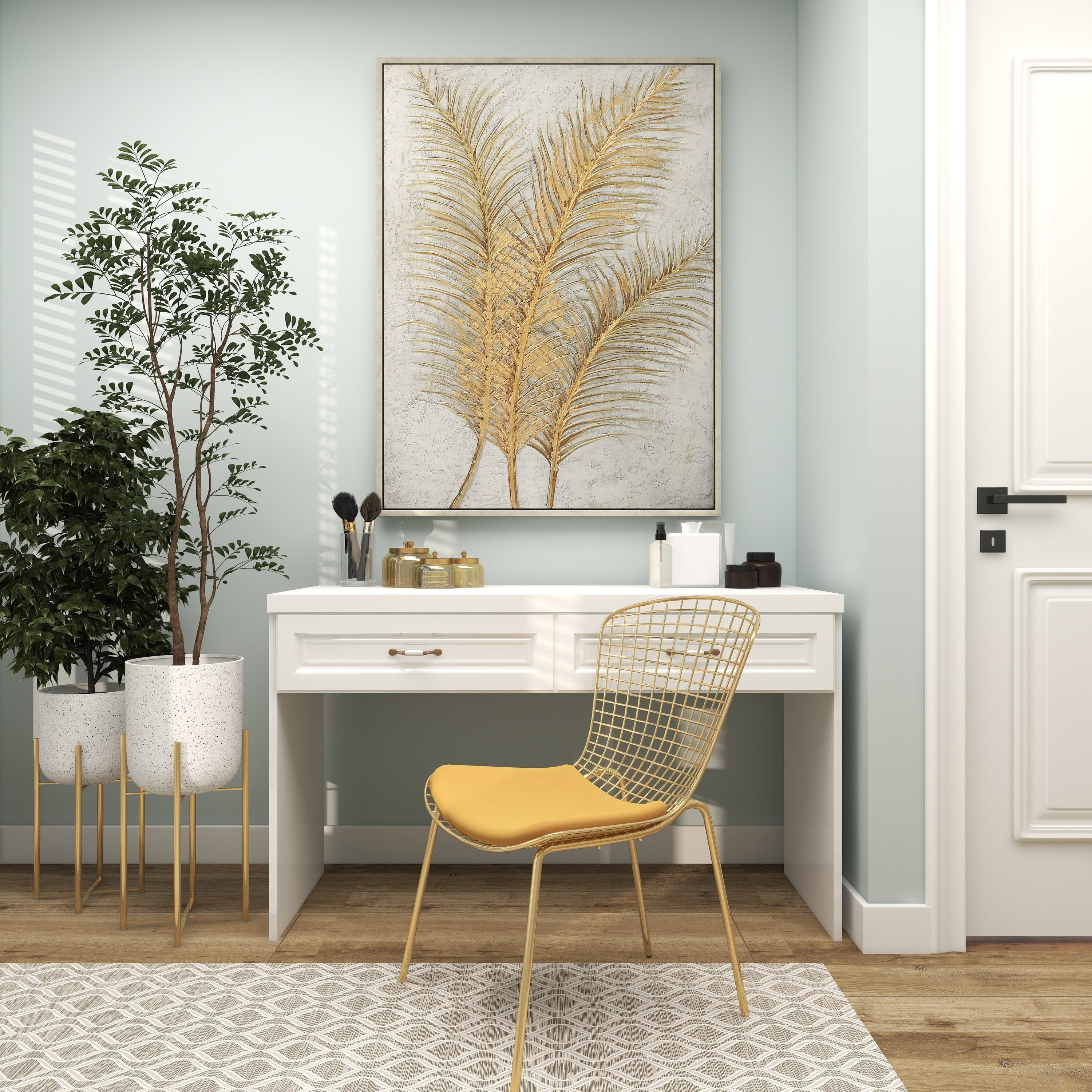 Large Gold and White Botanical Canvas Framed Wall Art