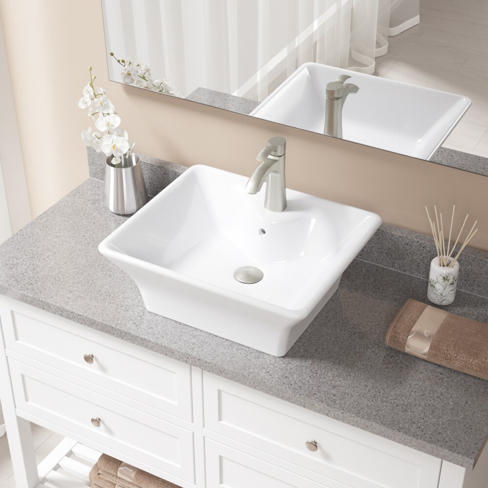 MR Direct V150-W-725-BN White Porcelain Vessel Rectangular Traditional Bathroom Sink with Faucet and Drain Included (19.75-in x 16.63-in)
