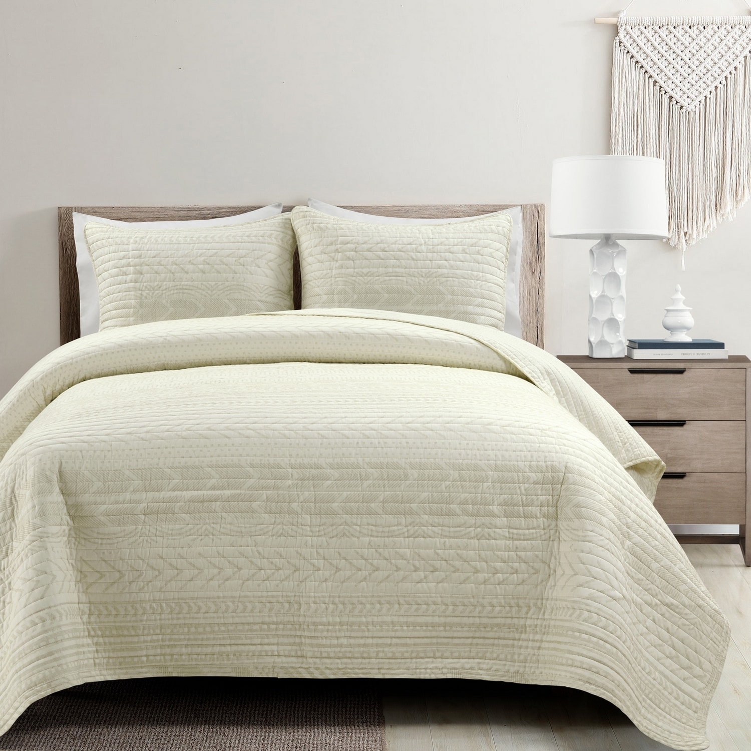 Ivory Full Cotton Reversible Quilt and Sham Set