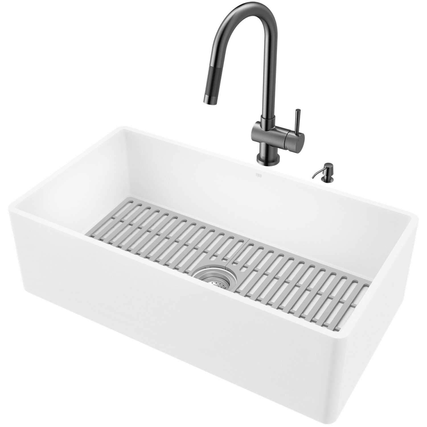 VIGO VG15991 Matte Stone Farmhouse Apron Front 33-in x 18-in Matte White Composite Single Bowl Workstation Kitchen Sink All-in-one Kit