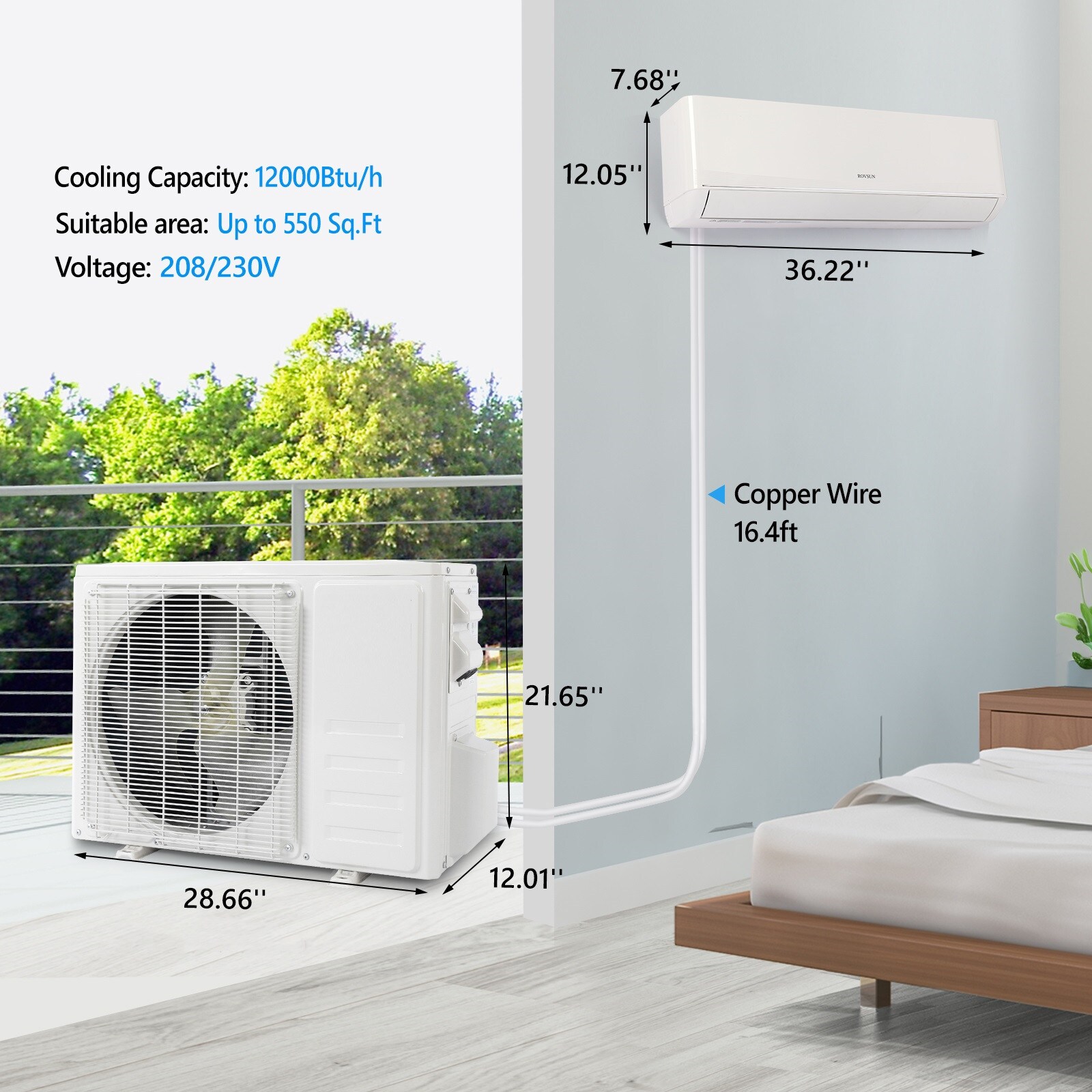 ROVSUN 12000BTU 230V 23SEER2 970W Smart WIFI Mini Split AC with Inverter APP Control/Ductless Split Air Conditioner with Pre-Charged Condenser Heat Pump and Installation Kit Sansujyuku sansujyuku.com