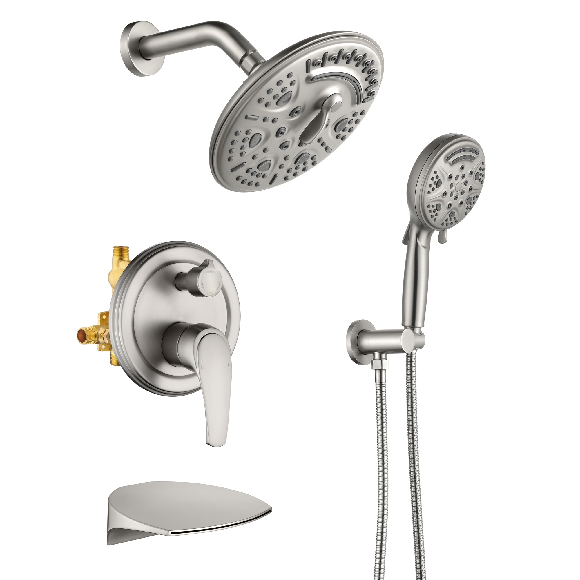 WELLFOR SPA-18020B Brushed Nickel 8-in Waterfall Built-In Shower Faucet System with 3-way Diverter ( Pressure-balanced Valve Included )